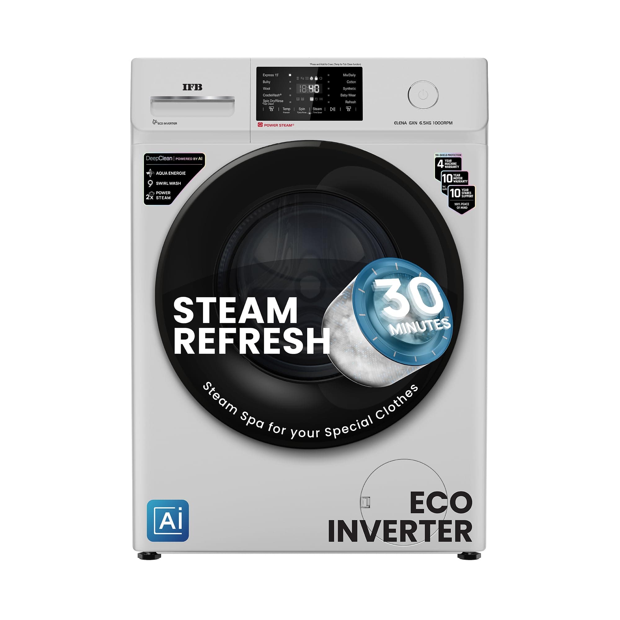 IFB 6.5 Kg 5 Star Powered by AI with 9 Swirl Wash, Fully Automatic Front Load Washing Machine (ELENA GXN 6510, Steam Refresh Program with Eco Inverter...