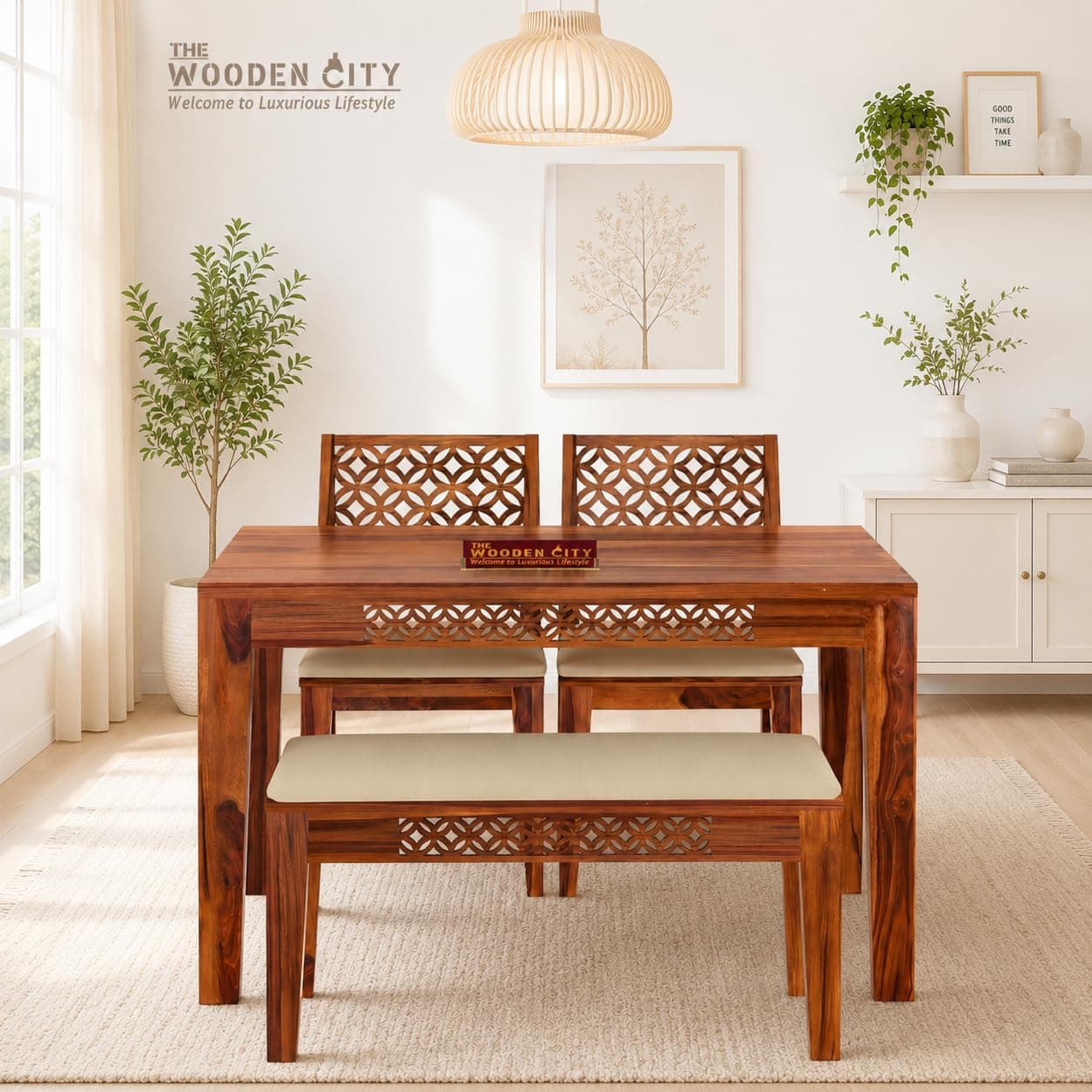 THE WOODEN CITY Solid Sheesham Wood Dining Table 4 Seater Dining Table Set with 2 Chairs & 1 Bench Dinner Table Set for Dinning Room Home & Hotel and ...