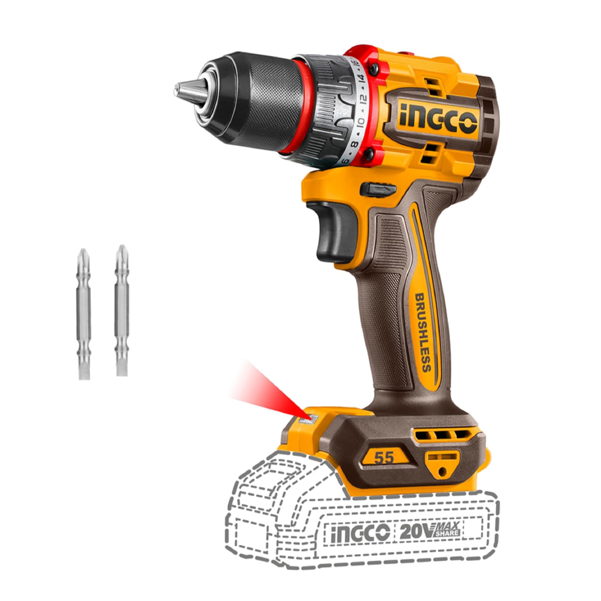 INGCO 20V Lithium-Ion Compact Drill (Body Only) 55NM, Brushless Motor, 13mm Chuck, 2 Speed Gear, 22+1 Torque Settings, LED Work Light
