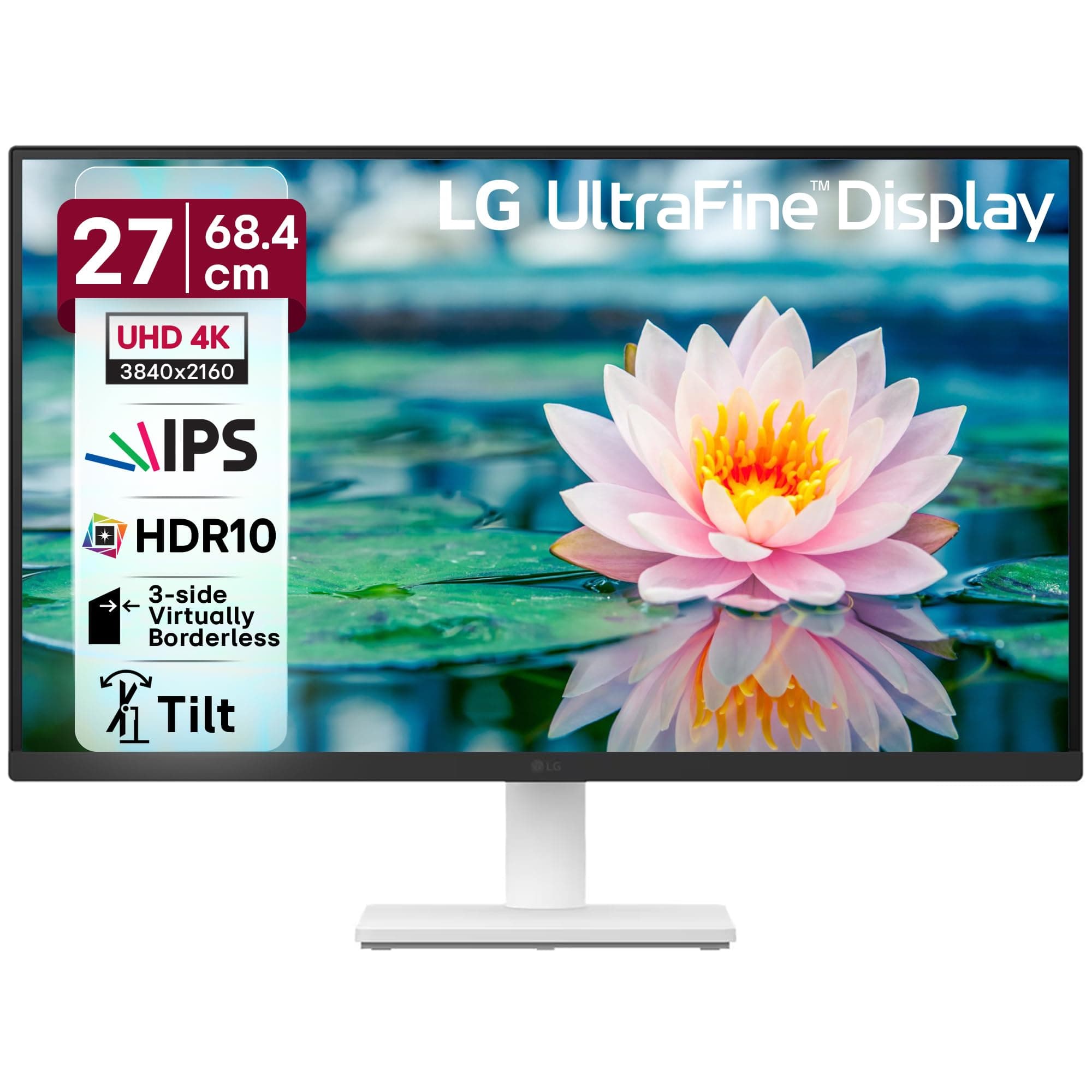 LG 27US500-W, 27 Inch Ultrafine Monitor, IPS, 4K UHD (3840x2160), 60Hz,HDR10 up to 90% DCI-P3 Color gamut, Borderless Design, Reader Mode, Flicker Saf...