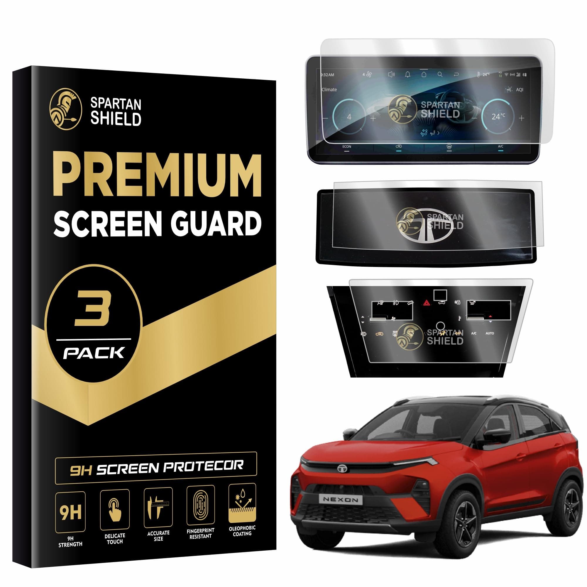 SPARTAN SHIELD {3 PACK} Screen Guard For TATA NEXON 2023 | 10.25 INCH INFOTAINMENT [ROUND CORNERS] + STEERING + AC CONTROL PANEL Protector | 9H 2024 N...