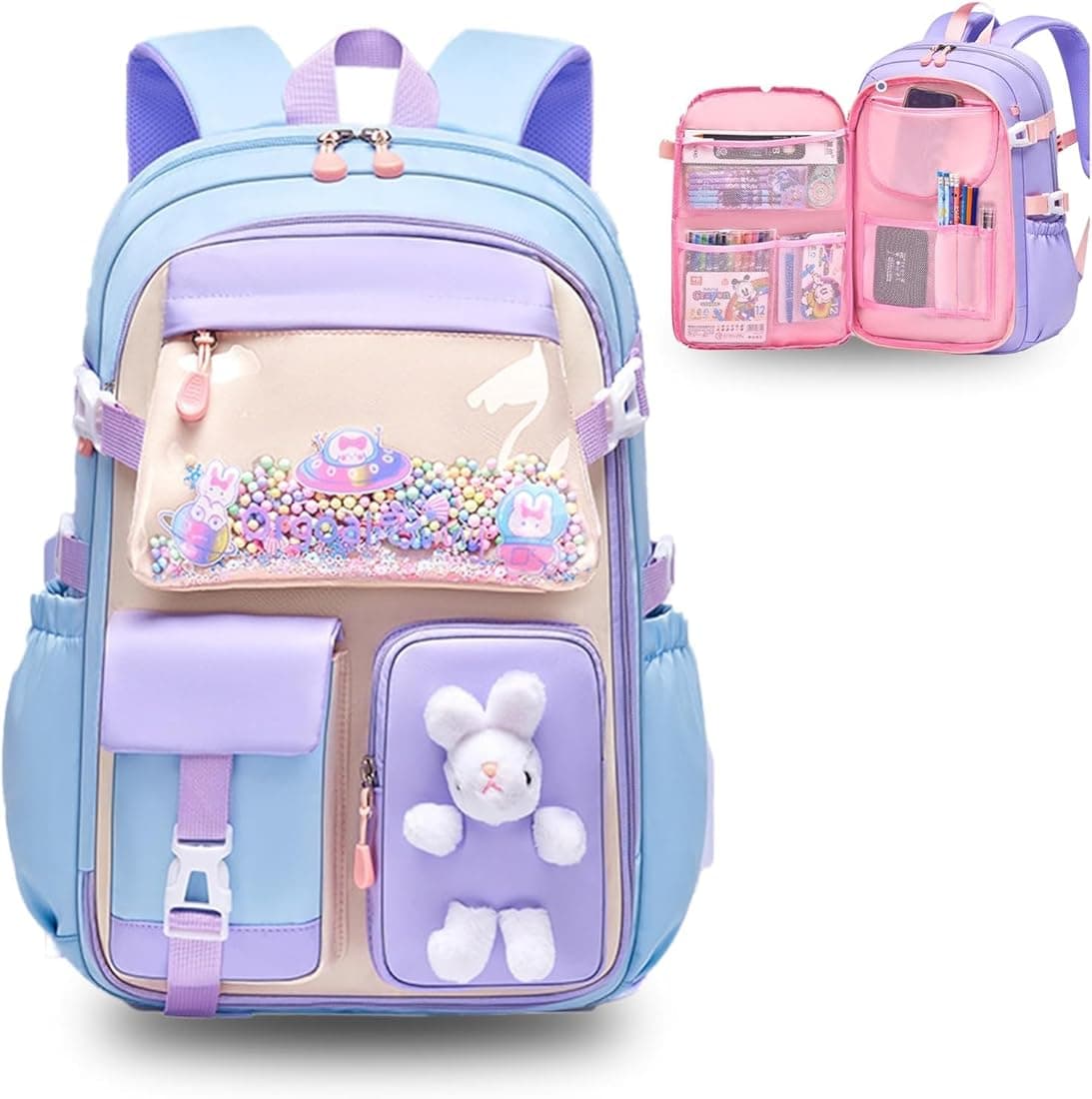 Cots and Cuddles Cute Kawaii Bunny Soft Toy Large Capacity Backpack Bag for Primary School Girl Kids