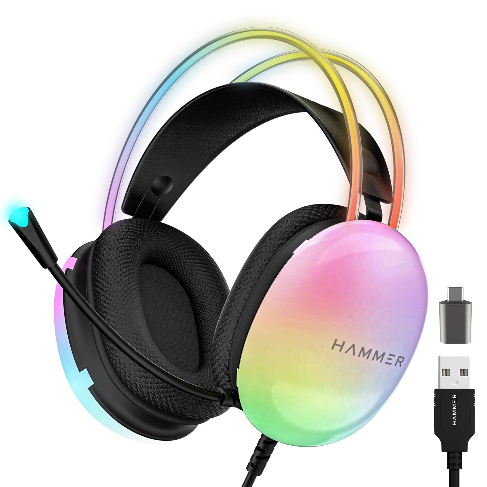 HAMMER Blaze Wired Over Ear Gaming Headphones with Mic, 50mm Drivers, Stereo 7.1 Sound, RGB Lights, Compatible with Windows, Xbox, Play Station, Gamin...