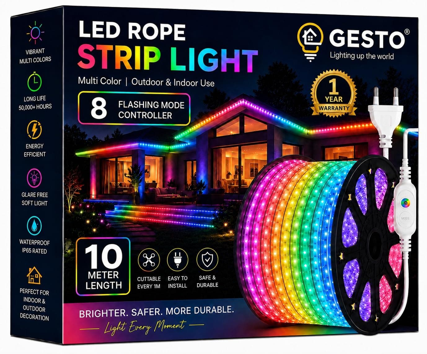 Gesto 10 Meter Multicolor RGB LED Strip Light with 8 Modes Inline Controller | IP65 Waterproof Outdoor LED Rope Light for Cei