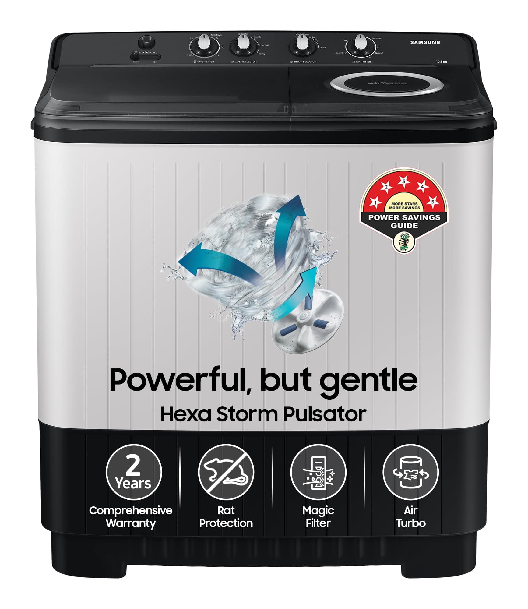 Samsung 10.5 kg, 5 star, Semi-Automatic Top Load Washing Machine (WT10C4260GG/TL, Air Turbo Drying, Light Gray, 2023 Model)