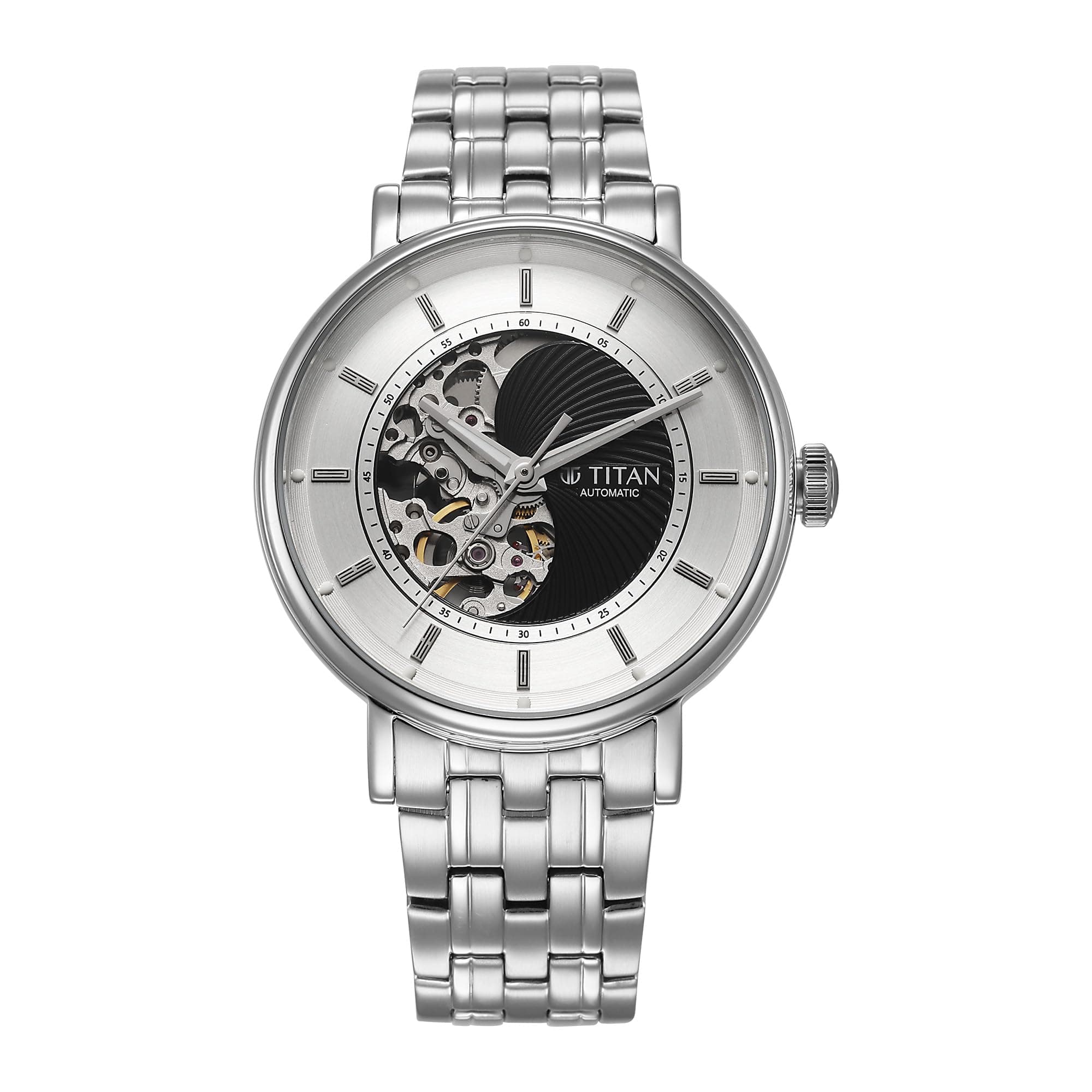 Titan Yin Yang Skeletal Automatic Analog with Black Dial Silver Stainless Steel Strap Watch for Men