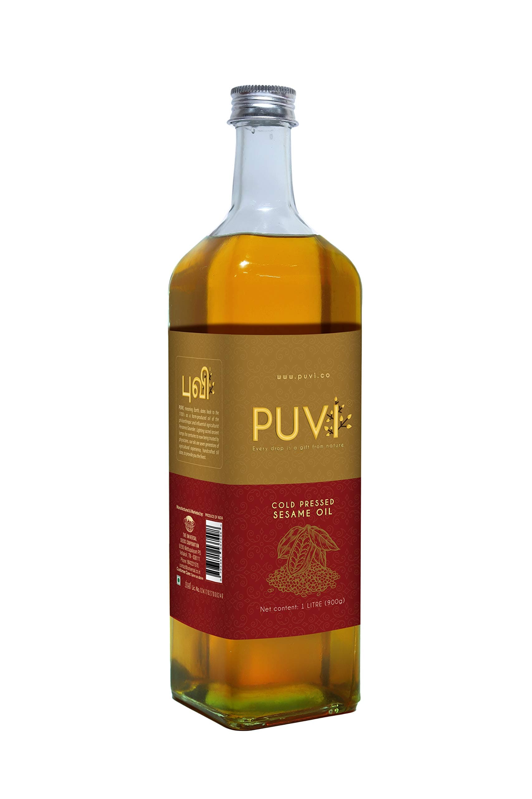 Puvi 1L Glass Bottle Cold Pressed Gingelly/Sesame Oil (Virgin, Chekku/Ghani) - 1 Litre