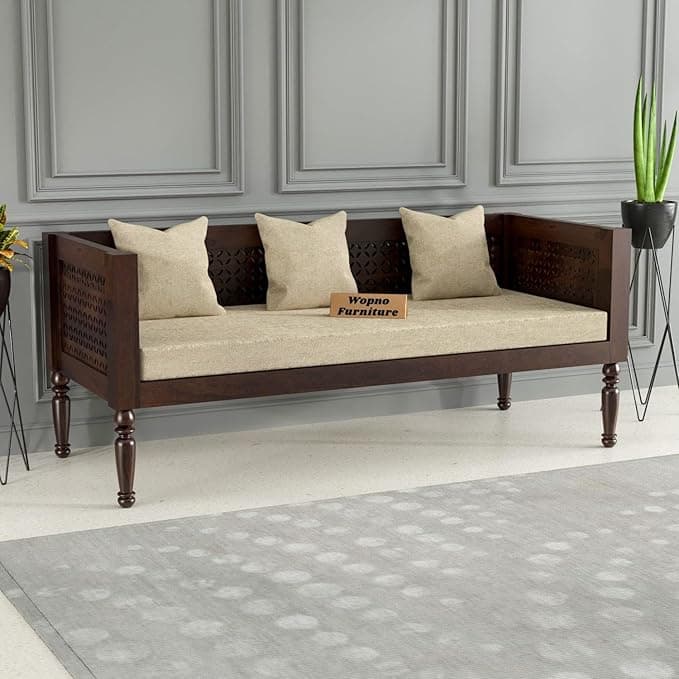 Wopno Furniture Sheesham Wooden 3 Seater Sofa for Living Room | Rosewood Cushion Sofa | Solid Wood Sofa Set for Lounge (Walnut, 3 Seater)