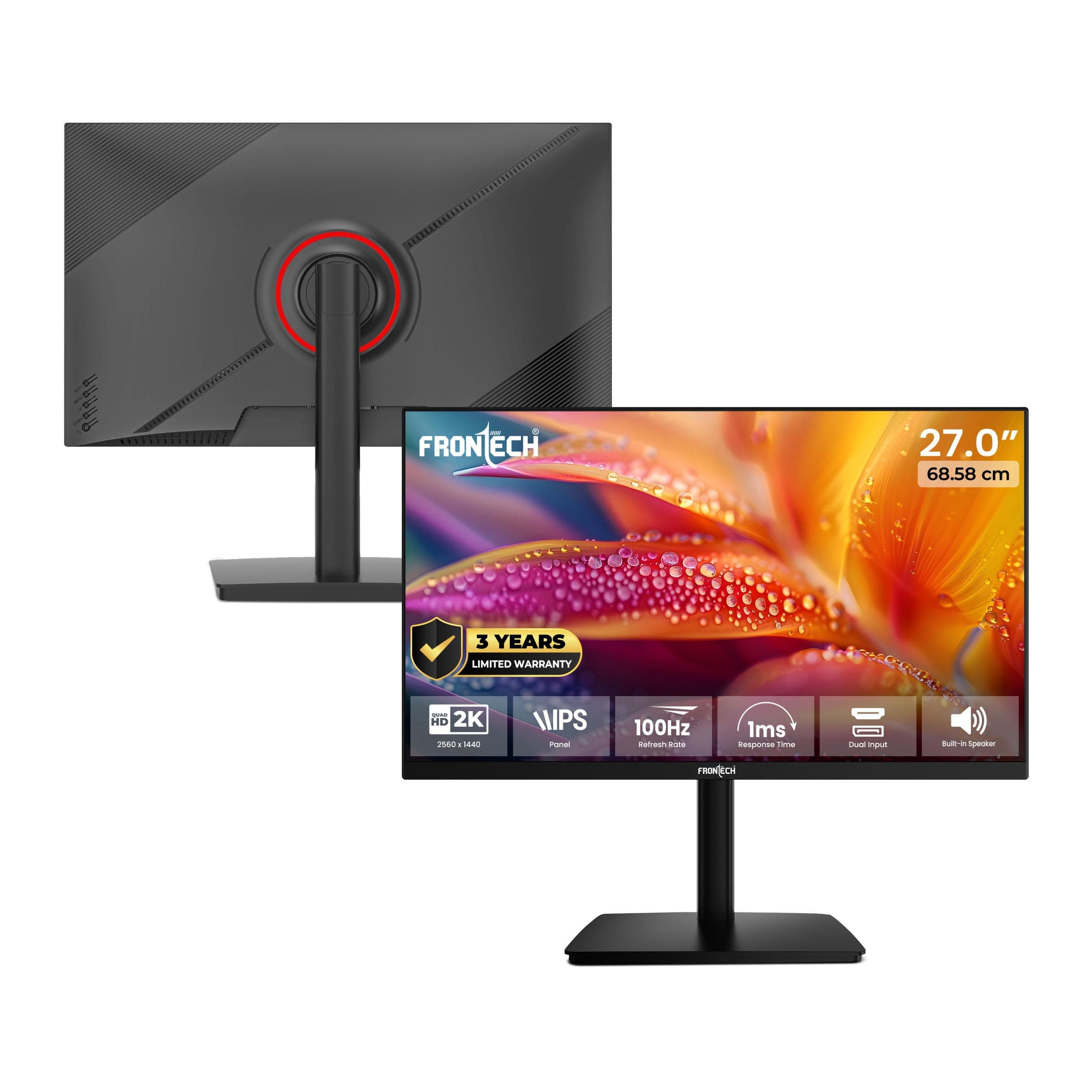 FRONTECH 27 QHD 2K Gaming Monitor, IPS Panel, 100Hz Refresh Rate, FreeSync, Flicker Free, Low Blue Light, HDMI + DisplayPort, Built-in Speakers, 3-Yea...