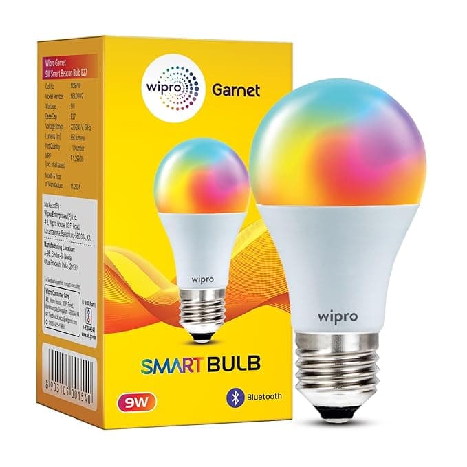 Wipro 9W Bluetooth Enabled Smart Bulb E27 | 16 million Colours | White Tunable (Warm, Neutral & Cool White) | Dimmable | App-Control | Music Sync | Sc...