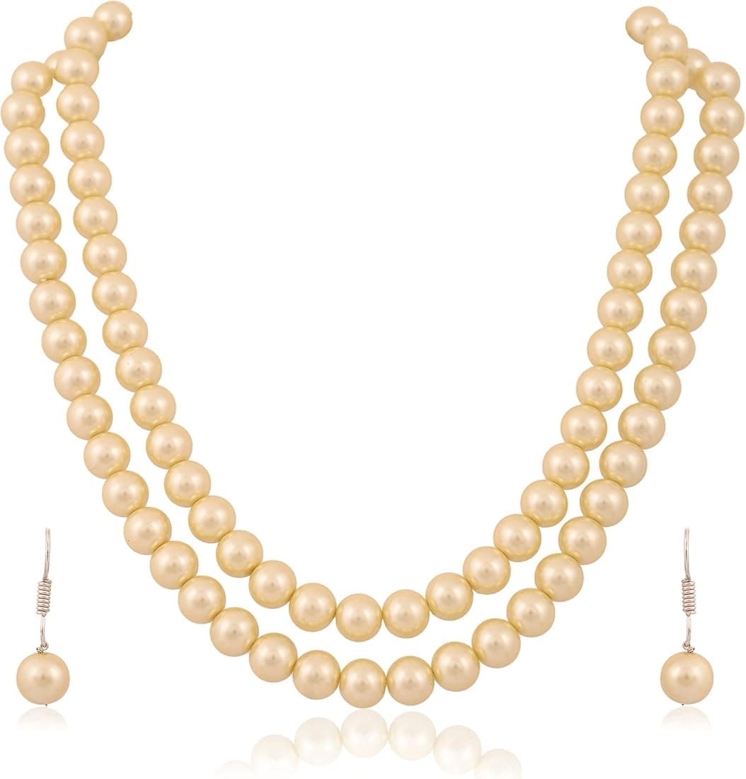 Ratnavali Jewels Imitation Pearl 10MM Bead Size Double Strand Necklace Pearl Moti Mala Jewellery Set with Earrings for Women Girls
