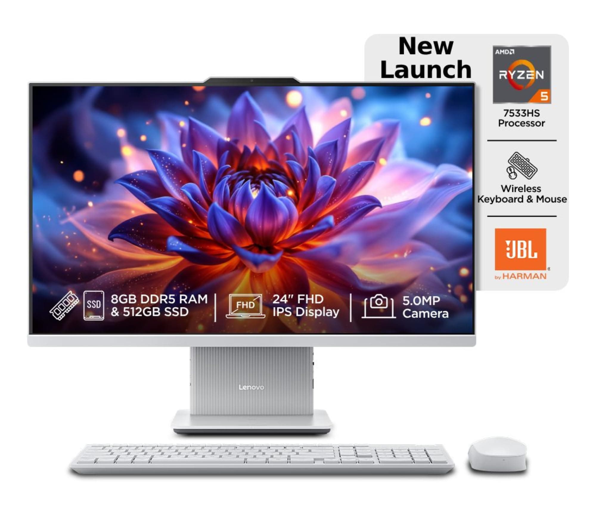 Lenovo IdeaCentre AIO Ryzen 5 7533HS 23.8" FHD IPS All-in-One Desktop (8GB RAM/512GB SSD/Win11/Microsoft 365 Basic + Office 2024/3Wx2 Speakers/5MP+IR ...