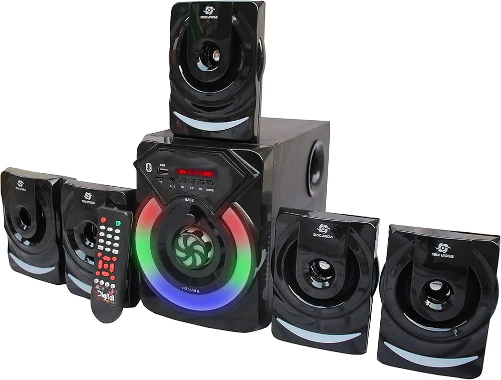 MUSIC WINDOWS 90 Watts Home Theater 5.1 Channel Multimedia Speakers Systems with Bluetooth, Remote FM USB AUX LED TV Support - Multicolor Ring