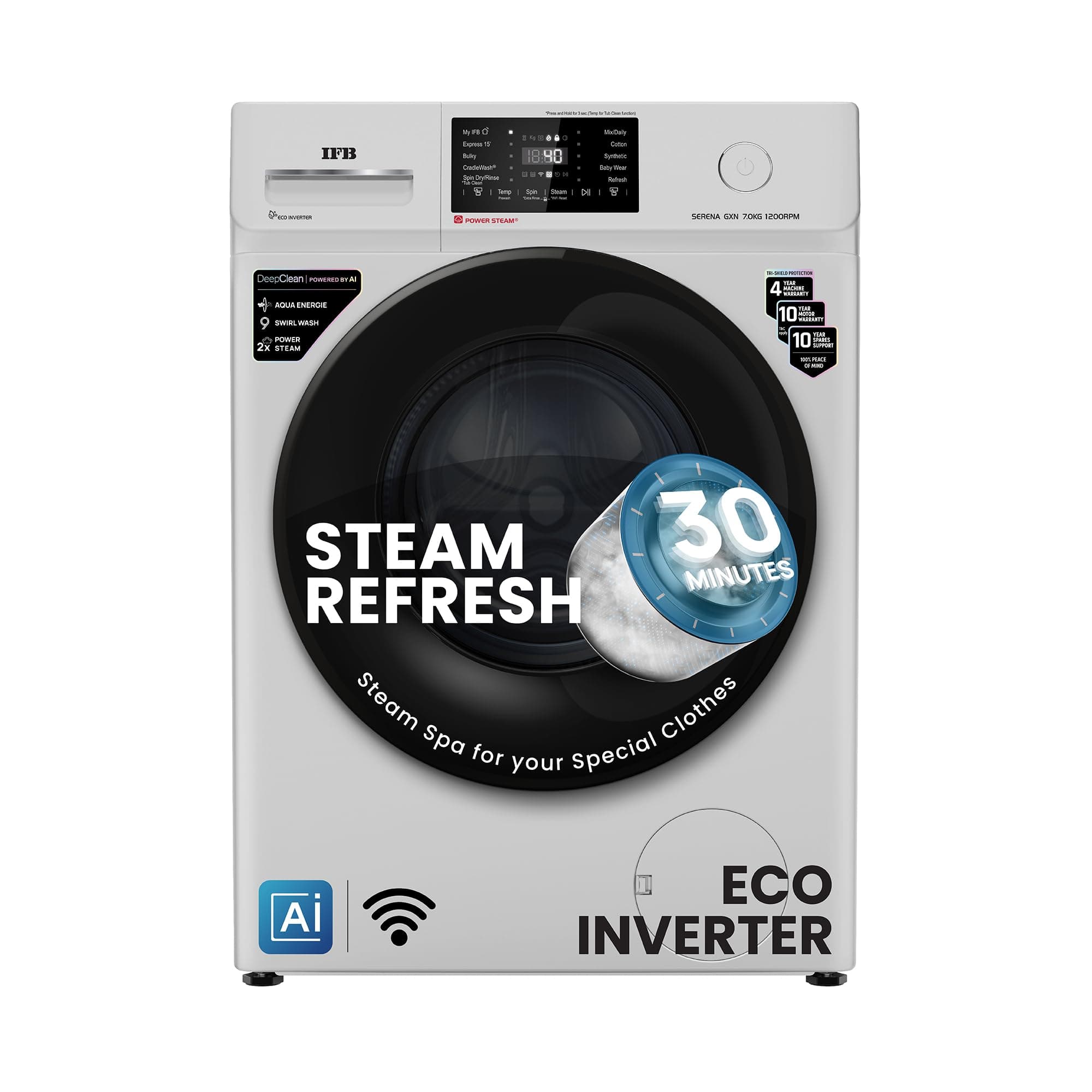 IFB 7 Kg 5 Star Powered by AI with 9 Swirl Wash, Wi-Fi, Fully Automatic Front Load Washing Machine (SERENA GXN 7012, Steam Refresh Program with Eco In...