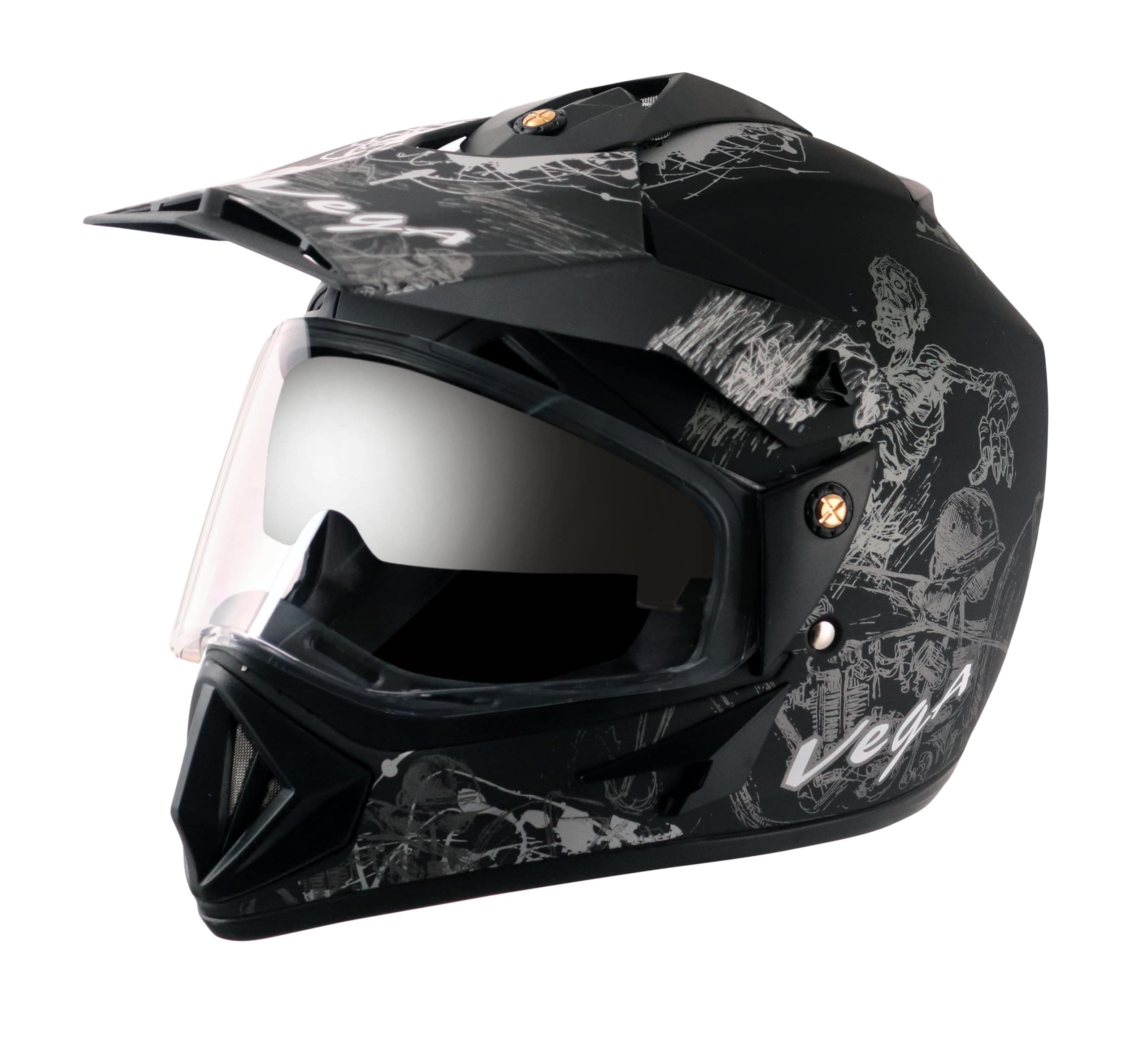 Vega Off Road D/V Sketch Dull Black Silver Helmet-L