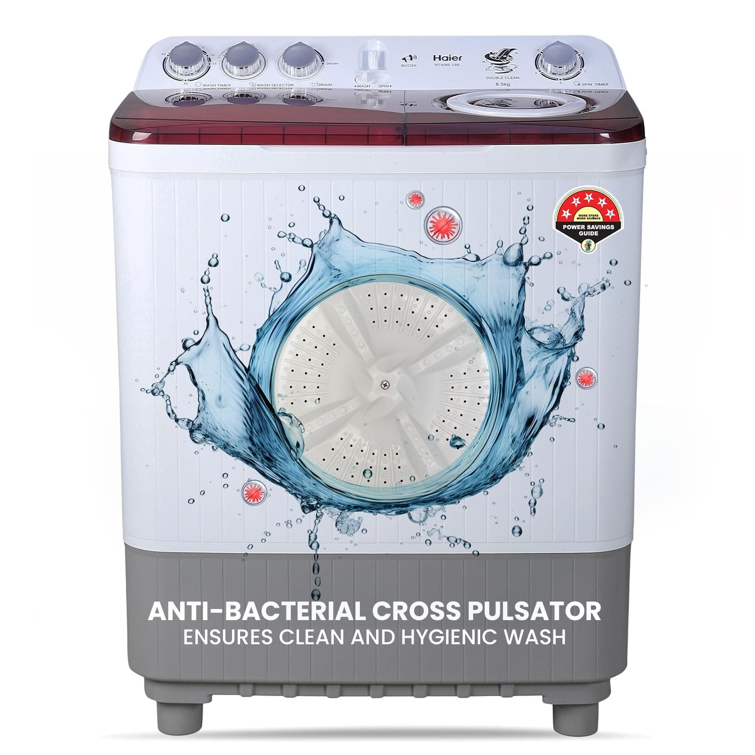 Haier 9 kg 5 Star Vortex pulsator Semi Automatic Top Load (HTW90-186,Burgundy)