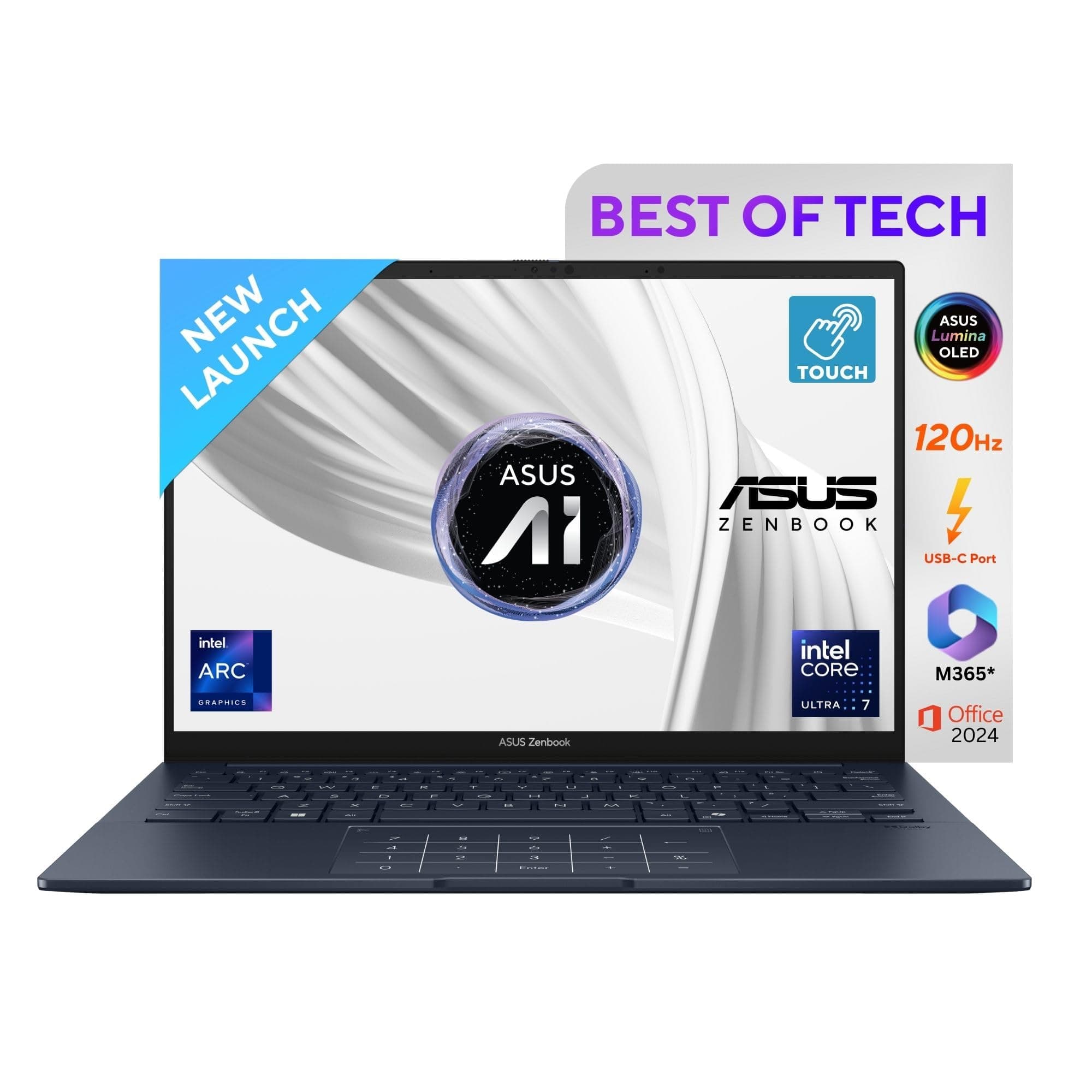 ASUS Zenbook 14, 14" 3K (2880 x 1800) OLED,Touch Screen, Intel Core Ultra 7,(32GB RAM/1 TB/Intel Arc iGPU/Windows 11/MS Office 365 Basic(1Year)*/Offic...