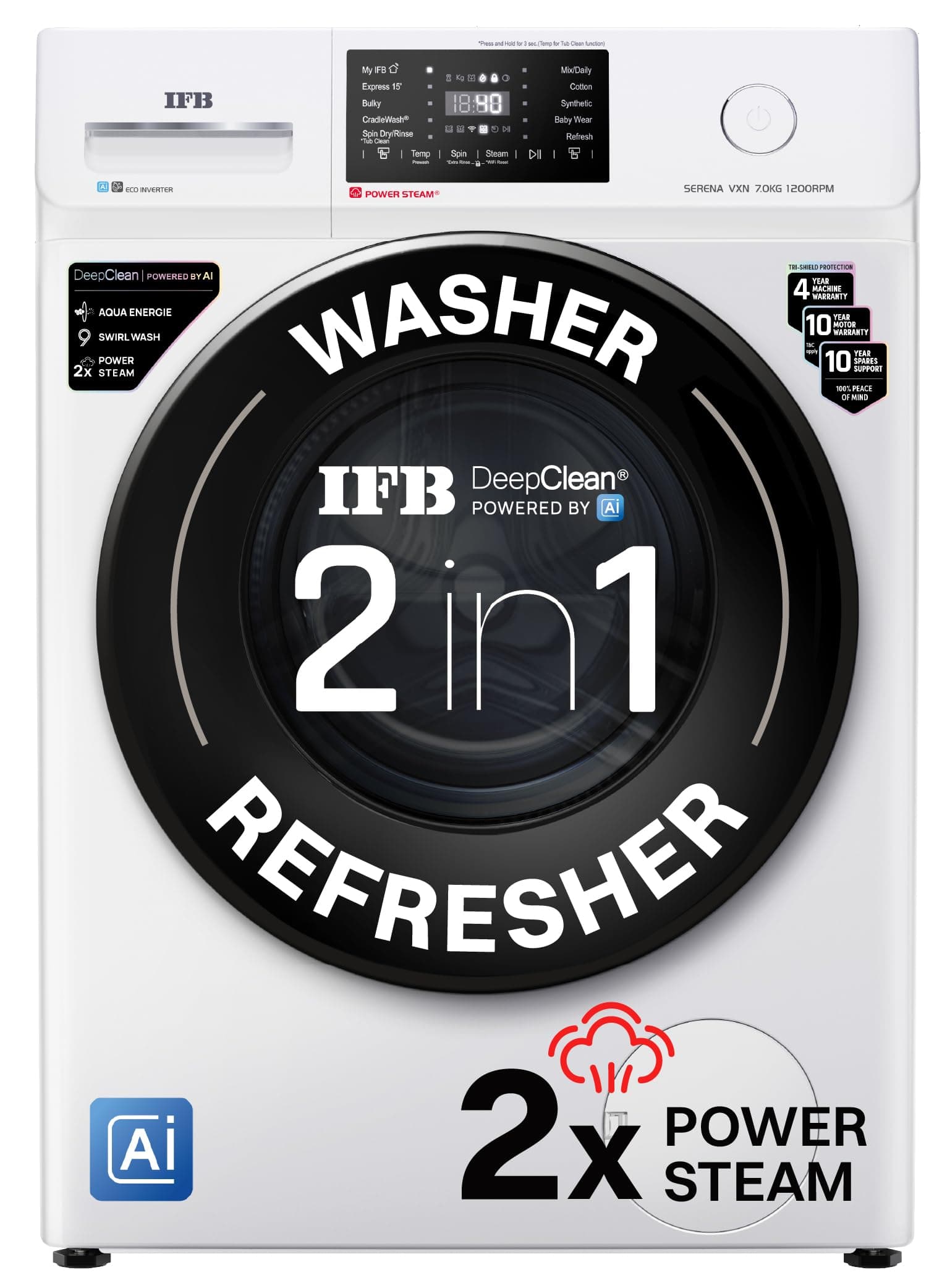 IFB 7 Kg 5 Star, DeepClean Technology, AI Powered, WiFi, Fully Automatic Front Load Washing Machine (SERENA VXN 7012 CMS, PowerSteam, 9 Swirl, Steam R...