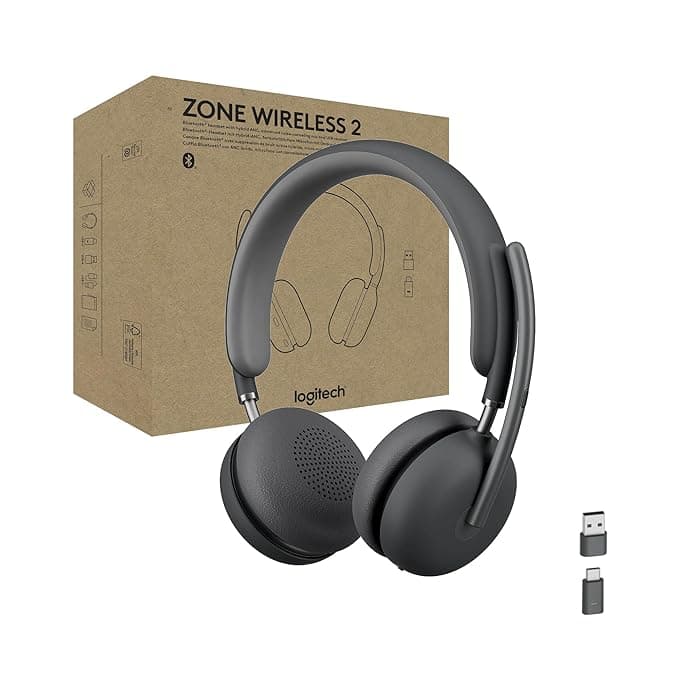 Logitech Zone Wireless 2 Premium Noise Canceling Headset with Hybrid ANC, Bluetooth, USB-C, USB-A, Certified for Zoom, Google Meet, Google Voice, Fast Pair, Graphite