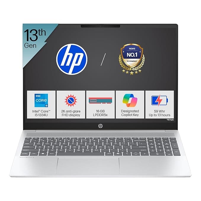 HP OmniBook 5 (Previously Pavilion) 13th Gen Intel Core i5 1334U (16GB LPDDR5X,512GB SSD) 2K,IPS, 300nits, 16''/40.6cm, Win11,M365 Basic(1yr),Office Home24, Silver,1.79kg, Camera w/Shutter, ba1008TU