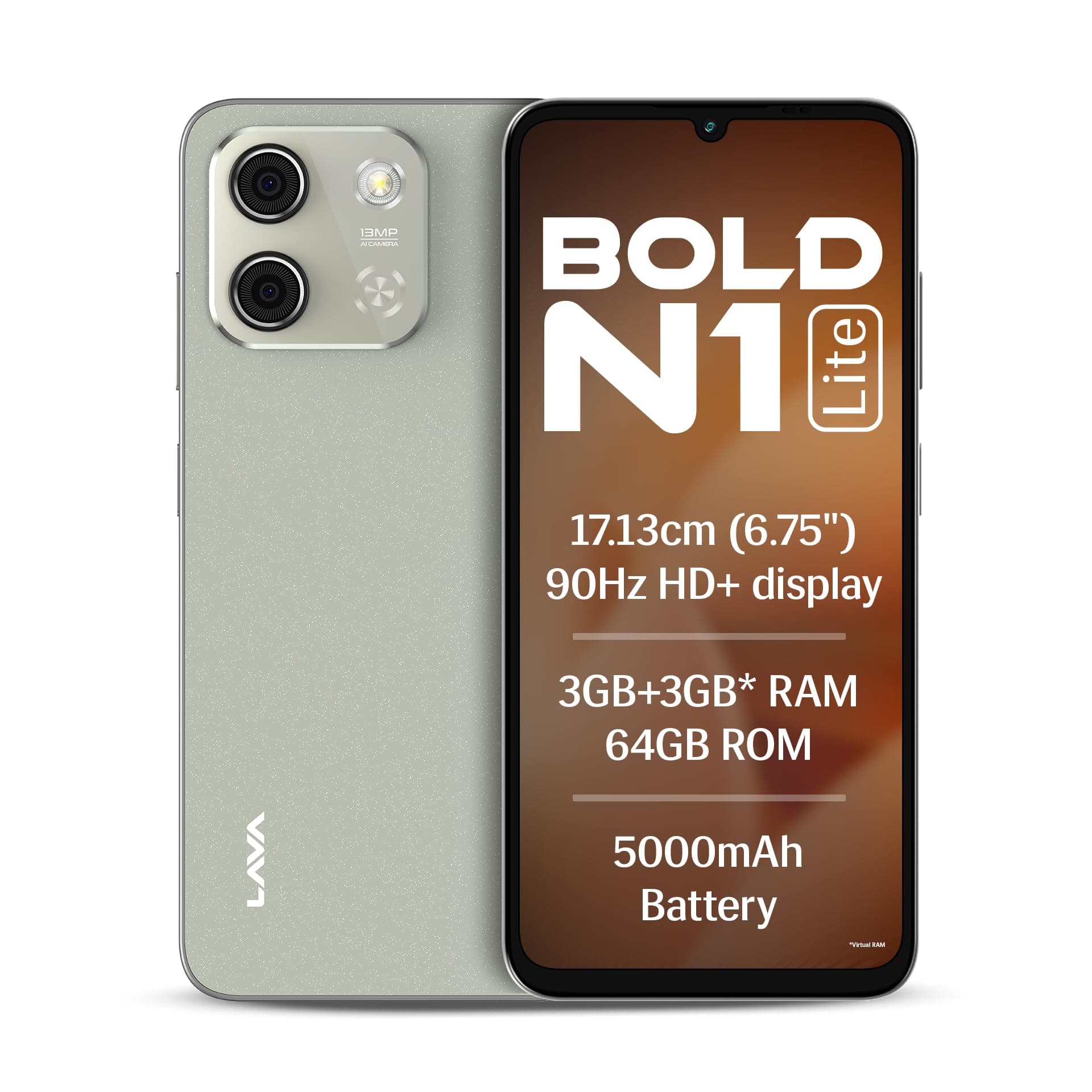 Lava Bold N1 Lite (Crystal Gold, 3 GB RAM, 64 GB Storage) | 6.75" HD+ Display | 13MP AI Dual Rear Camera | 5000 mAh Battery | Secure Face Unlock | Fin...