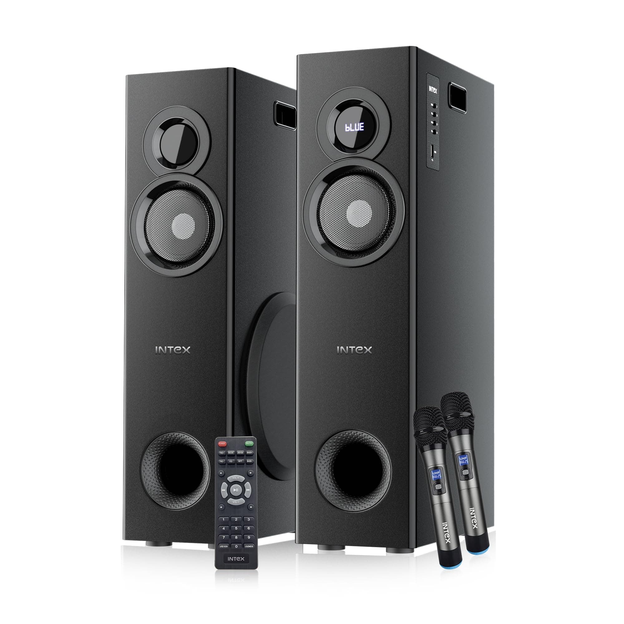 Intex 1000-D Multimedia 100 Watt Bluetooth Tower Speaker | 2 Cordless Karaoke Mic & Party Speaker | LED Display & Triple Bass Boosted Drivers | Fully ...