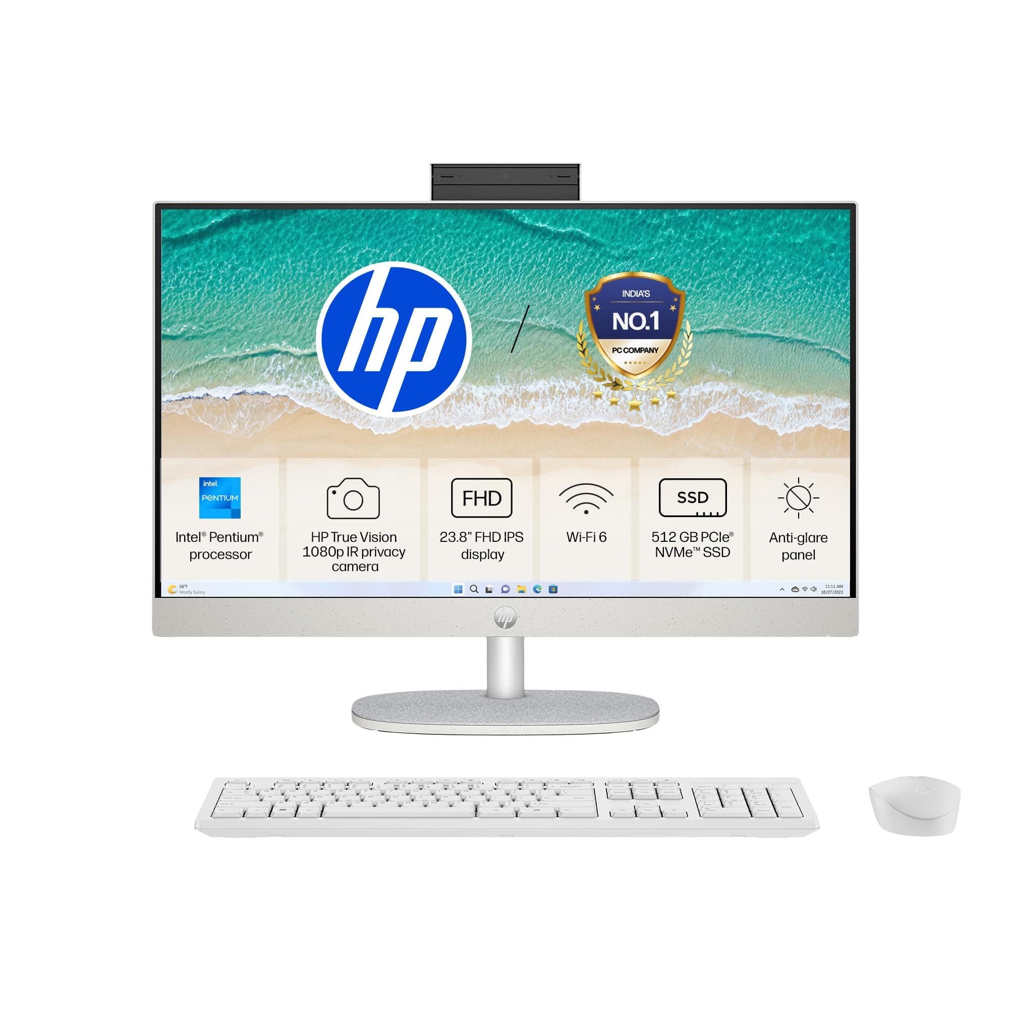 HP All-in-One, Intel Processor N200 (8GB DDR4, 512GB SSD) FHD, IPS, Anti-Glare, 23.8''(60.5cm), Win11, M365* Office 24, Shell White, 5.26kg, FHD IR ti...