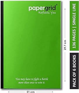Papergrid Notebook - A4 (29.7 cm x 21 cm), Single Line, 136 Pages, Soft Cover - Pack of 6