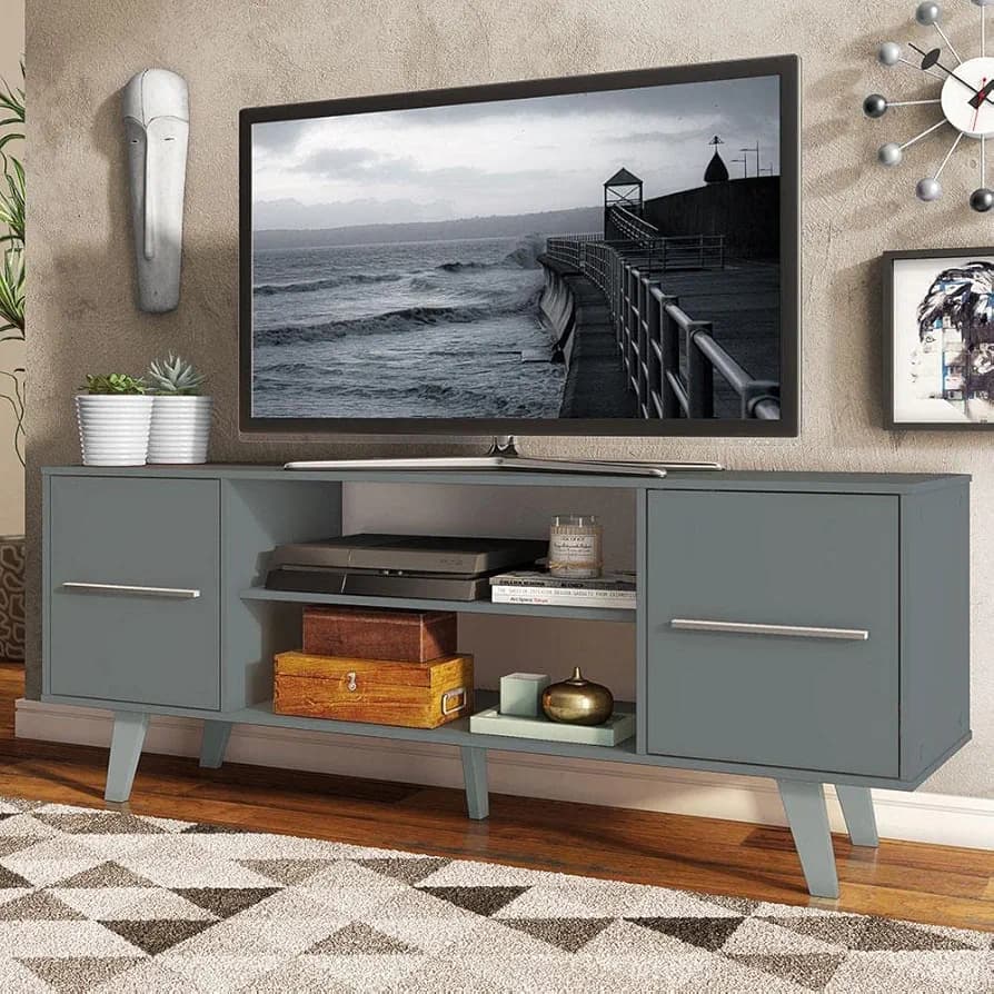 Madesa TV Stand with Storage Space and Cable Management, for TVs up to 55 Inches, Wood, 136 W x 54 H x 39 D Centimeters - Grey