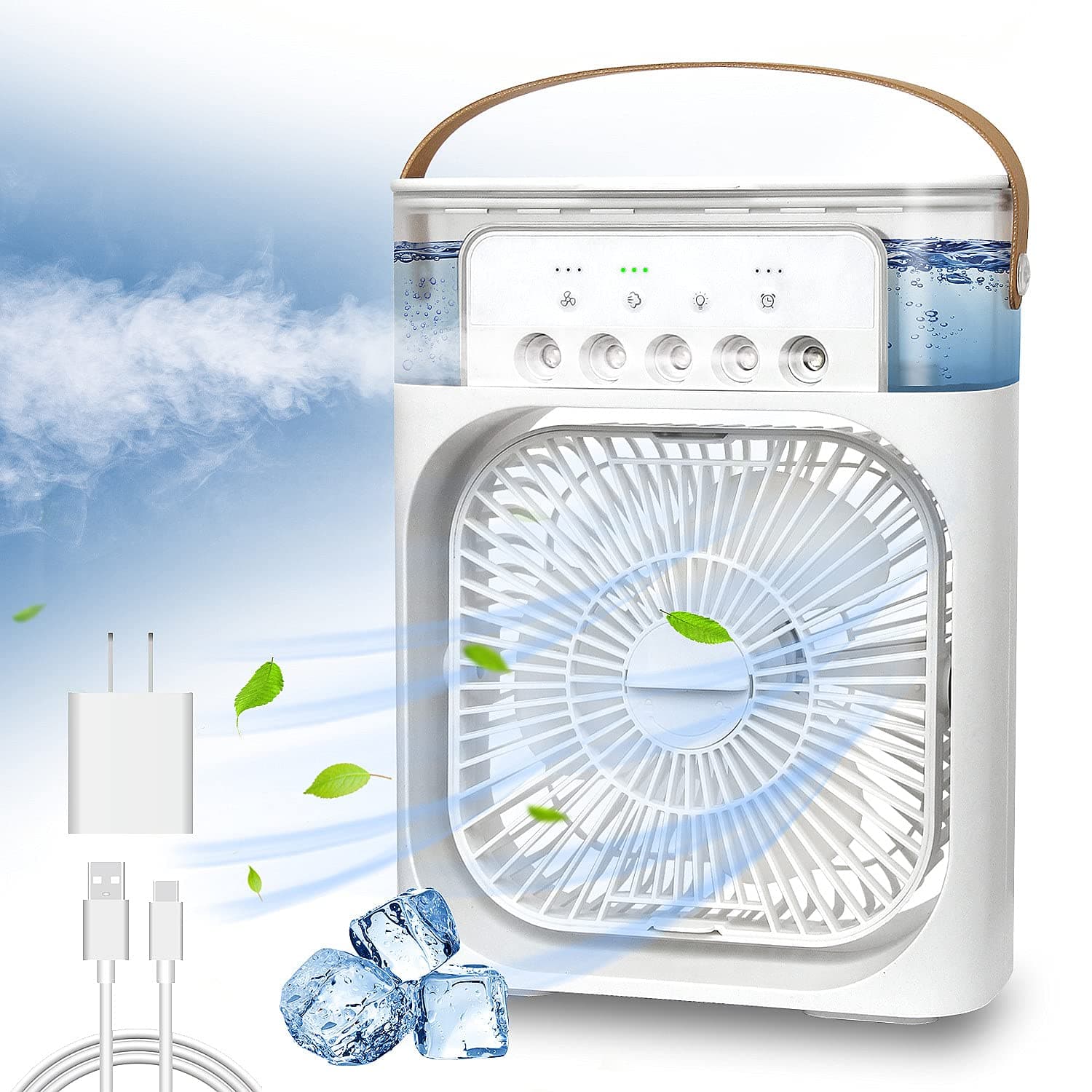 NTMY Portable Air Conditioner Fan, Mini Evaporative Air Cooler with 7 Colors LED Light, 1/2/3 H Timer, 3 Wind Speeds and 3 Spray Modes for Office, Home, Dorm, Travel