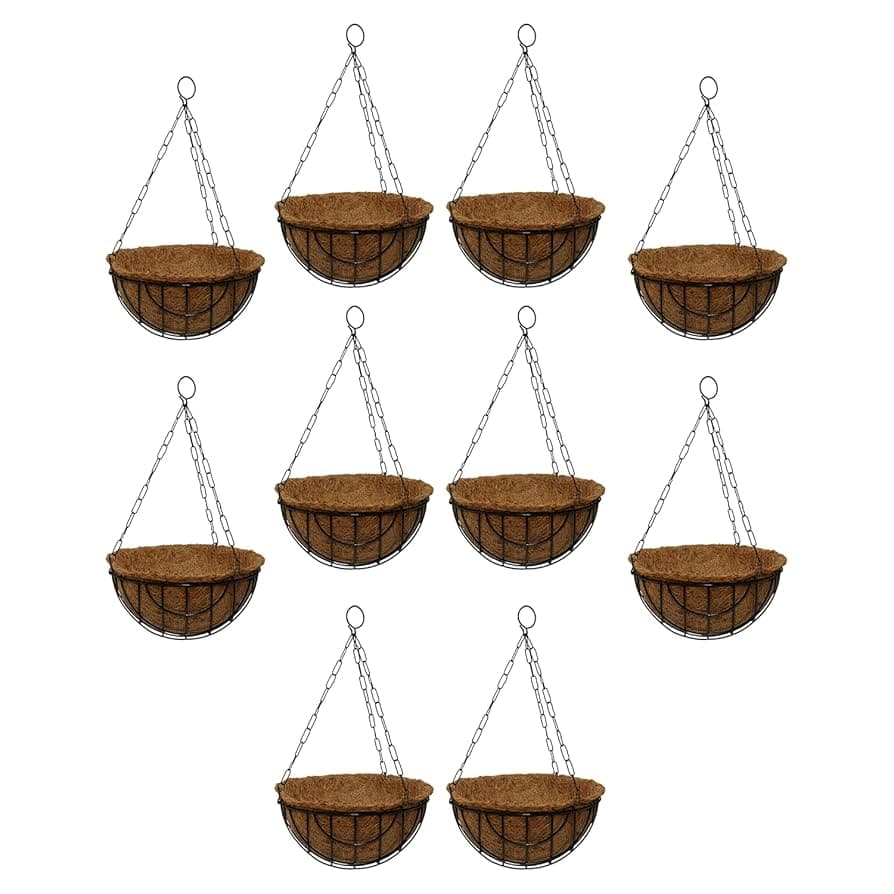 BonKaso 10-Inch Coir Hanging Basket with Metal Chain (Set of 10) | Coco Liner Hanging Planter for Balcony, Garden, Indoor & Outdoor Use | Decorative H...