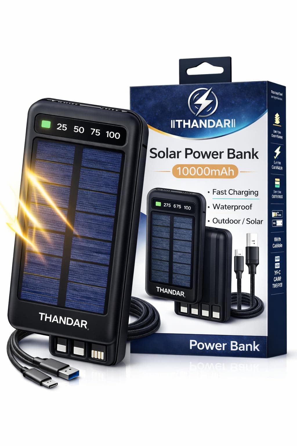 THANDAR 10000mAh Solar Power Bank Fast Charging Waterproof Dual USB with LED Display, Outdoor Portable Charger with Type-C Cable