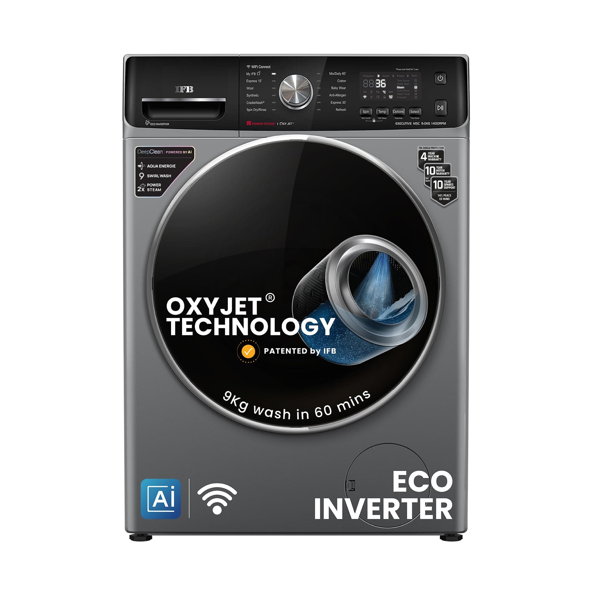 IFB 9Kg 5 Star with Deep Clean Oxyjet Technology, AI Powered, Wi-Fi, Fully Automatic Front Load Washing Machine (EXECUTIVE MSC 9014 SSL, Steam Refresh...