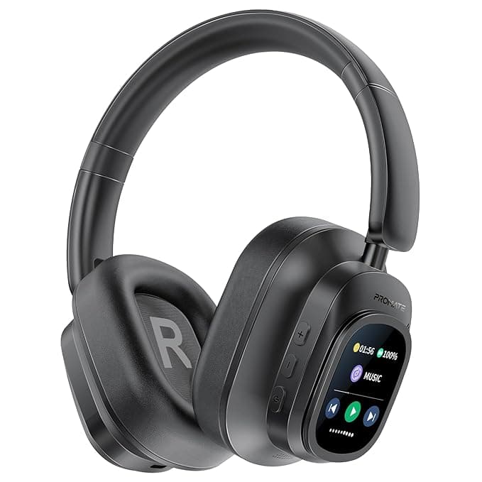 Promate Vutune Bluetooth Over Ear Headphones with Hybrid Active Noise Cancellation,Detachable Magnetic LCD Touch Screen Controller,50-Hour Playtime,Du...
