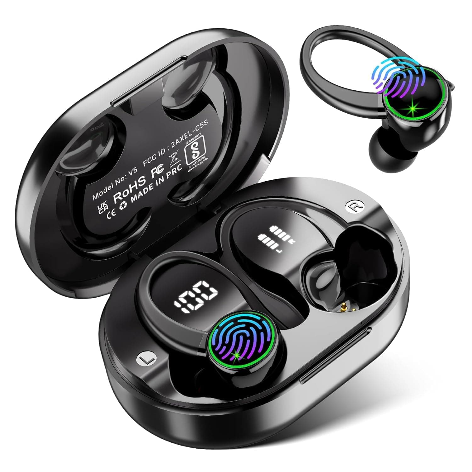 EDYELL V5 True Wireless Earbud, Bluetooth 5.3 TWS 3D Stereo with Earhook, 48H Playtime, Touch Control, Earbuds with Dual-LED Display (V5-001)