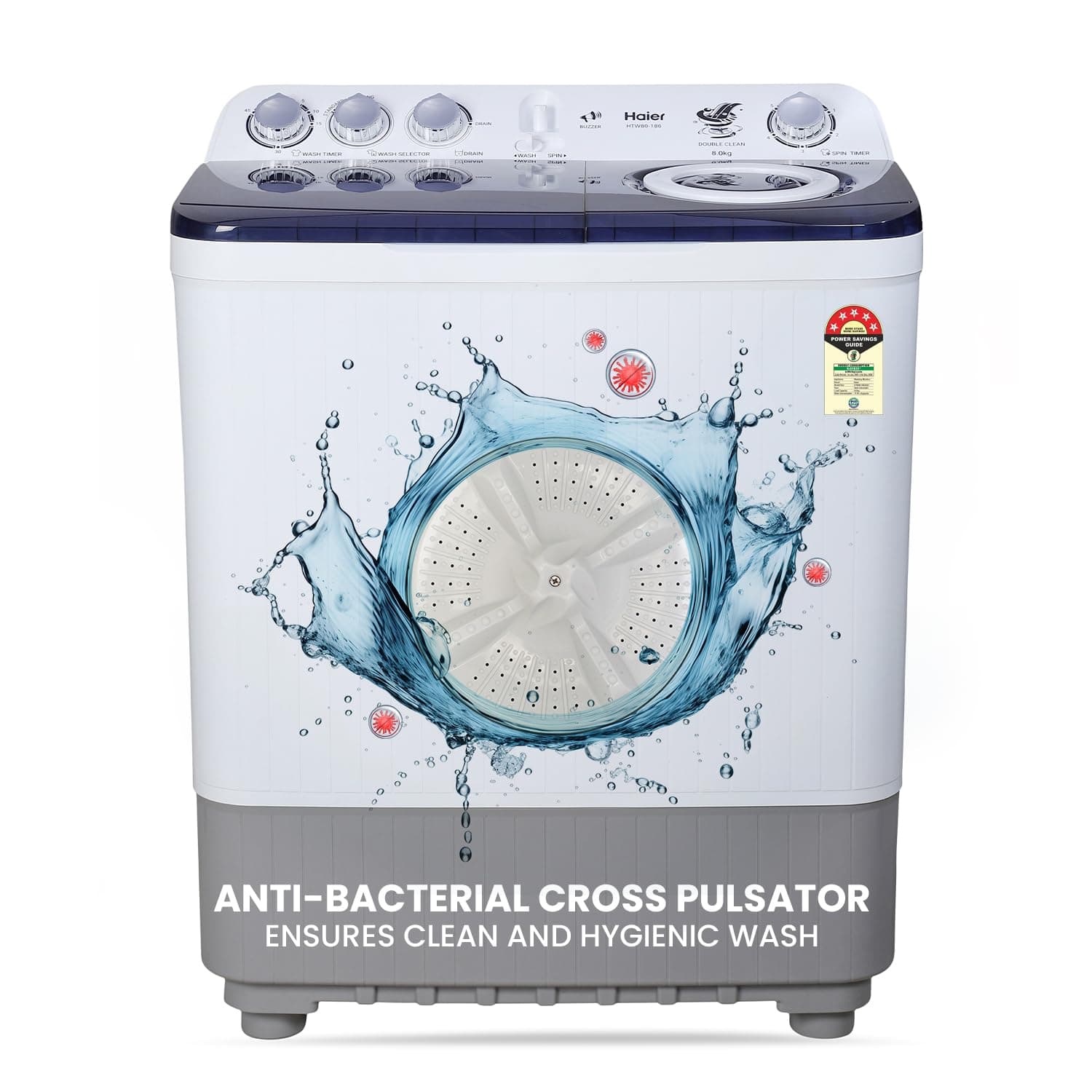 Haier 8 Kg 5 Star Rating Semi Automatic Top load Washing Machine Double Storm Pulsator, (HTW80-186, Multicolor)