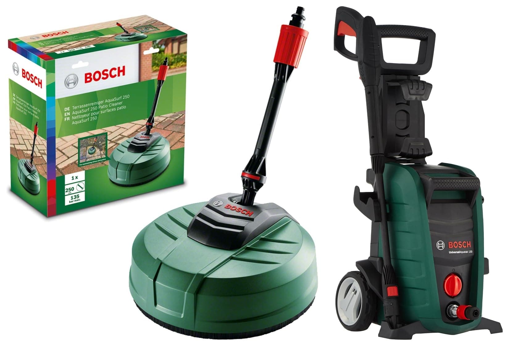 Bosch Aquatak 130 1700-Watt High Pressure Washer (Green) & Bosch AquaSurf 250 Patio Cleaner