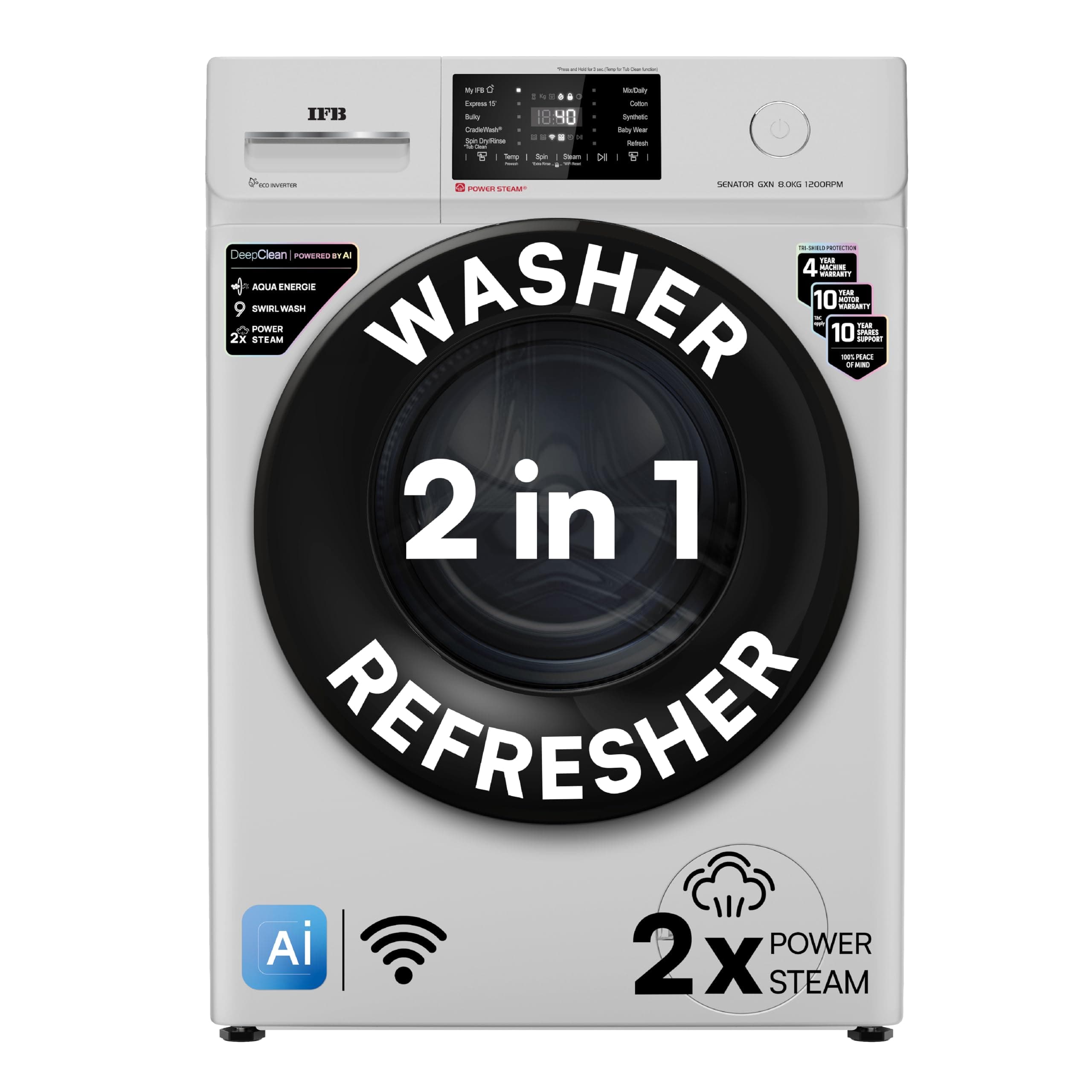 IFB 8 Kg 5 Star with 9 Swirl Wash, AI Powered, Wi-Fi, Fully Automatic Front Load Washing Machine (Senator GXN 8012, Steam Refresh Program with Eco Inv...