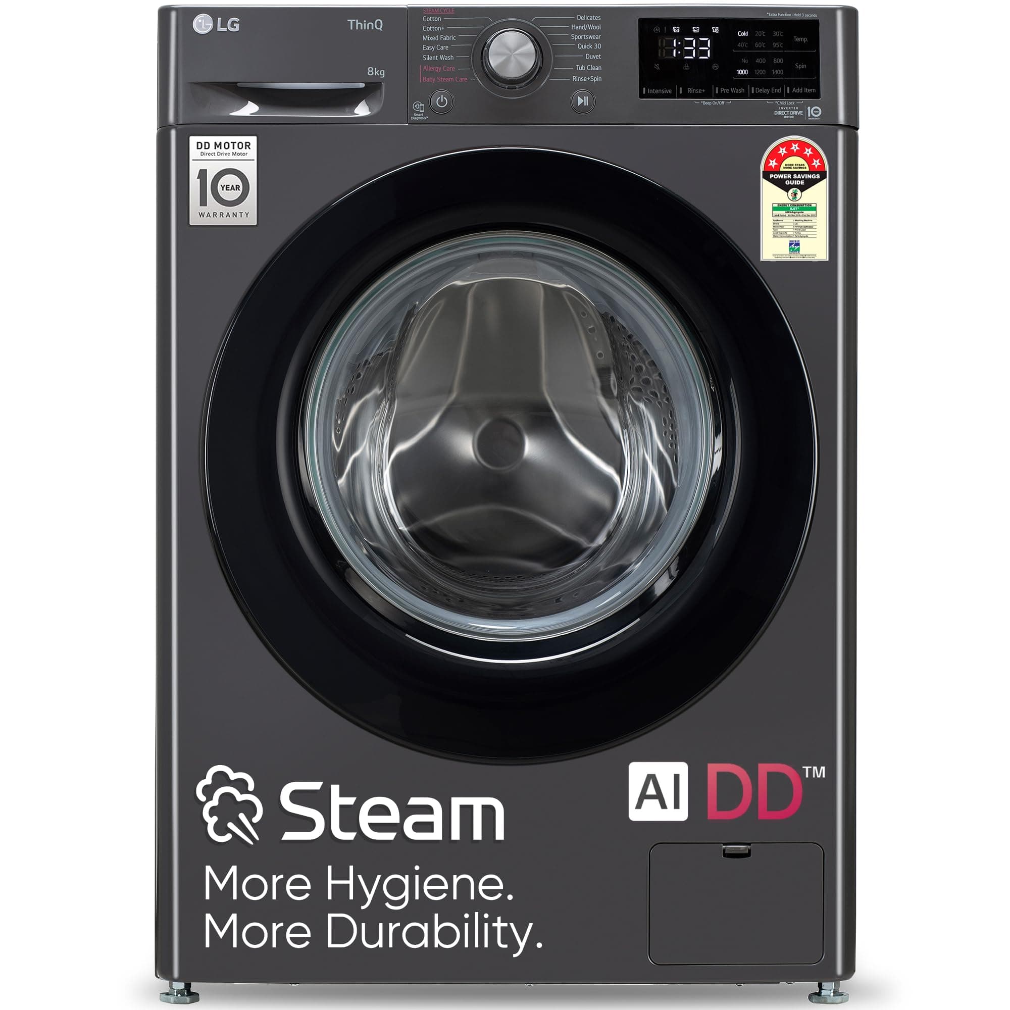 LG 8 Kg 5 Star Inverter AI Direct Drive Fully-Automatic Front Load Washing Machine with In-Built Heater (FHP1208Z3M, Middle Black, 6 Motion Direct Drive Technology & Steam for Hygiene Wash)