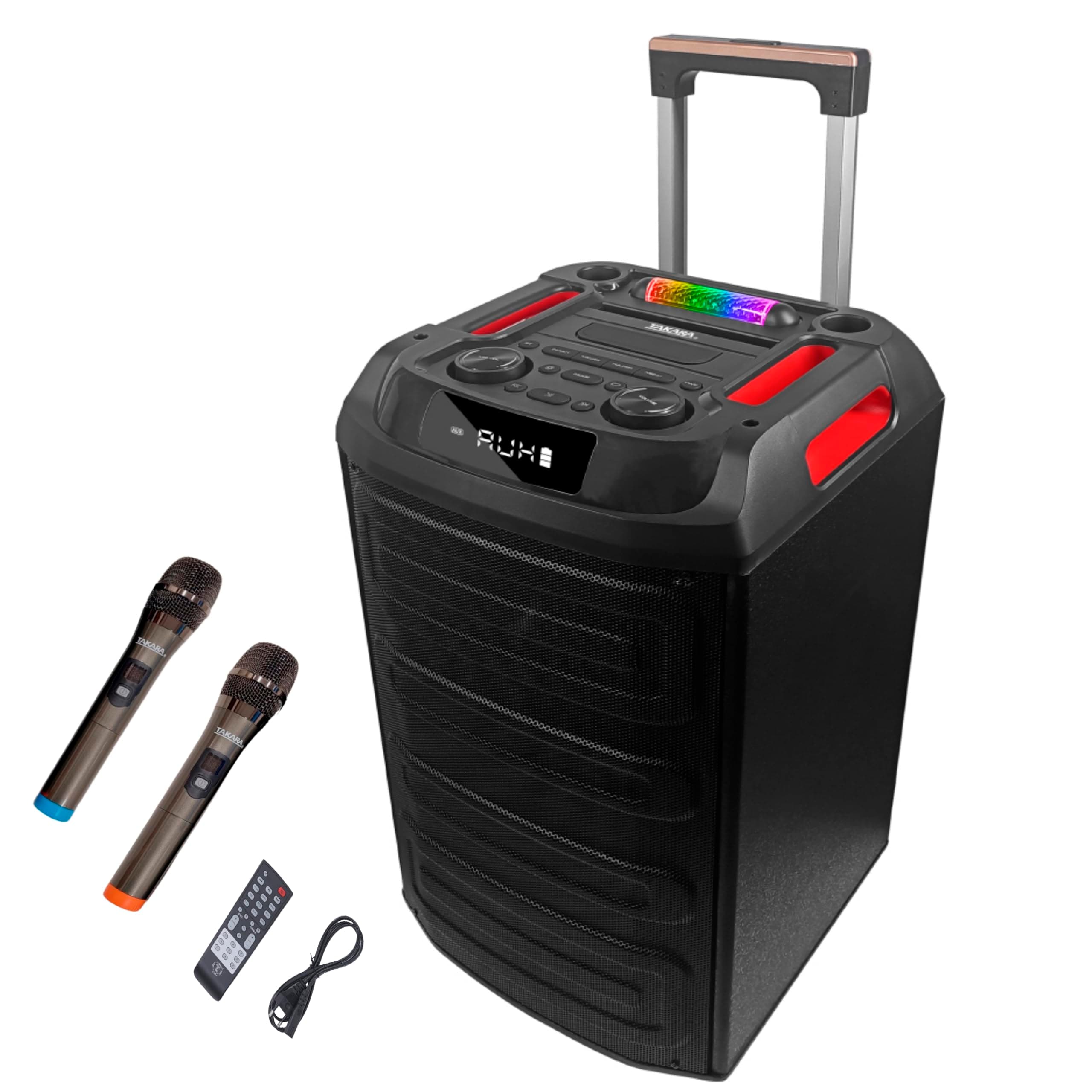 Takara T 9090 Karaoke Speaker Trolley Portable Multimedia Bluetooth; Audio Recording; USB; SD; TF; AUX PA System with 2 Wireless UHF Mic; Remote Contr...