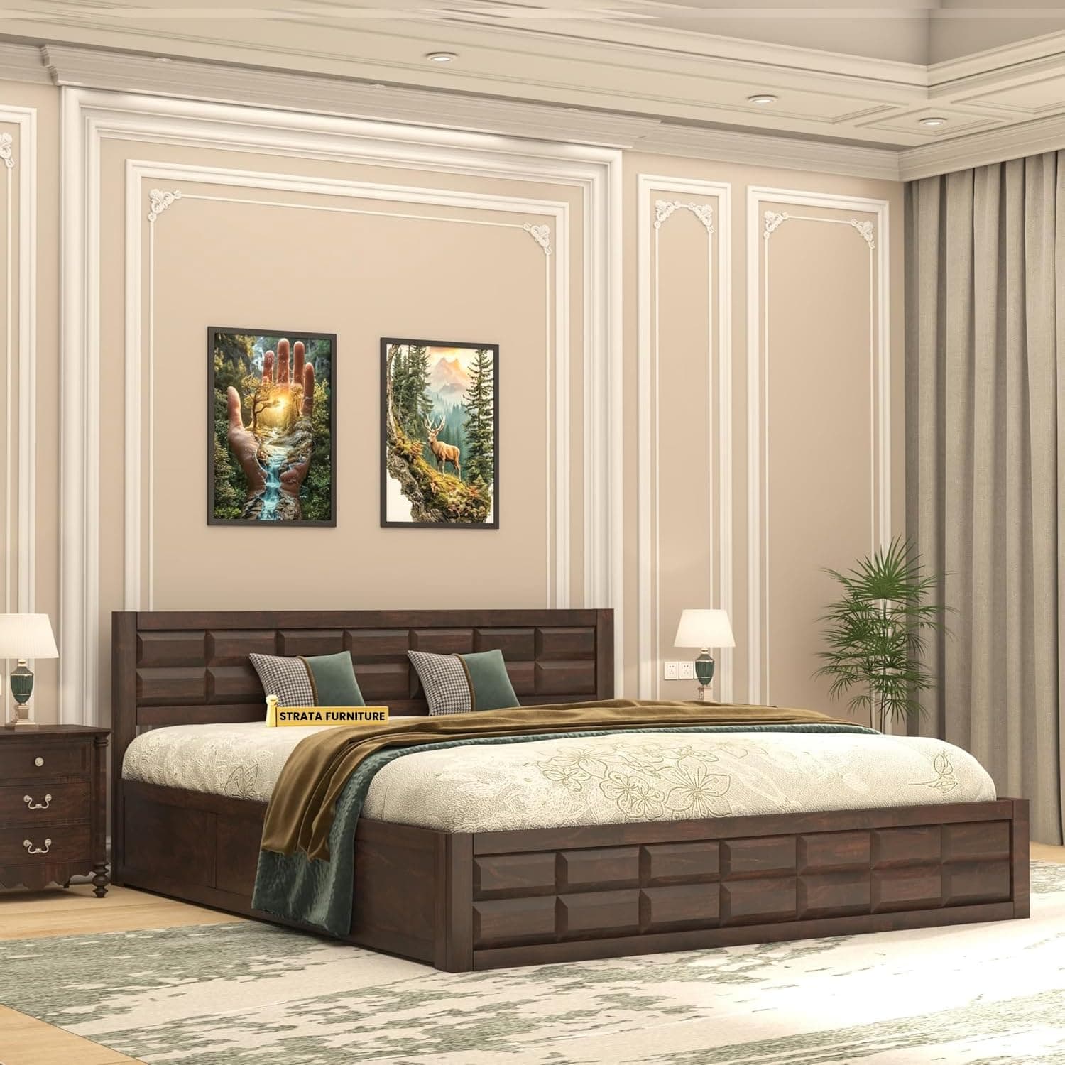 STRATA FURNITURE Solid Sheesham Wood Queen Size Bed with Box Storage | Wooden Double Bed Cot Palang Furniture for Bedroom Living Room and Home (Walnut...
