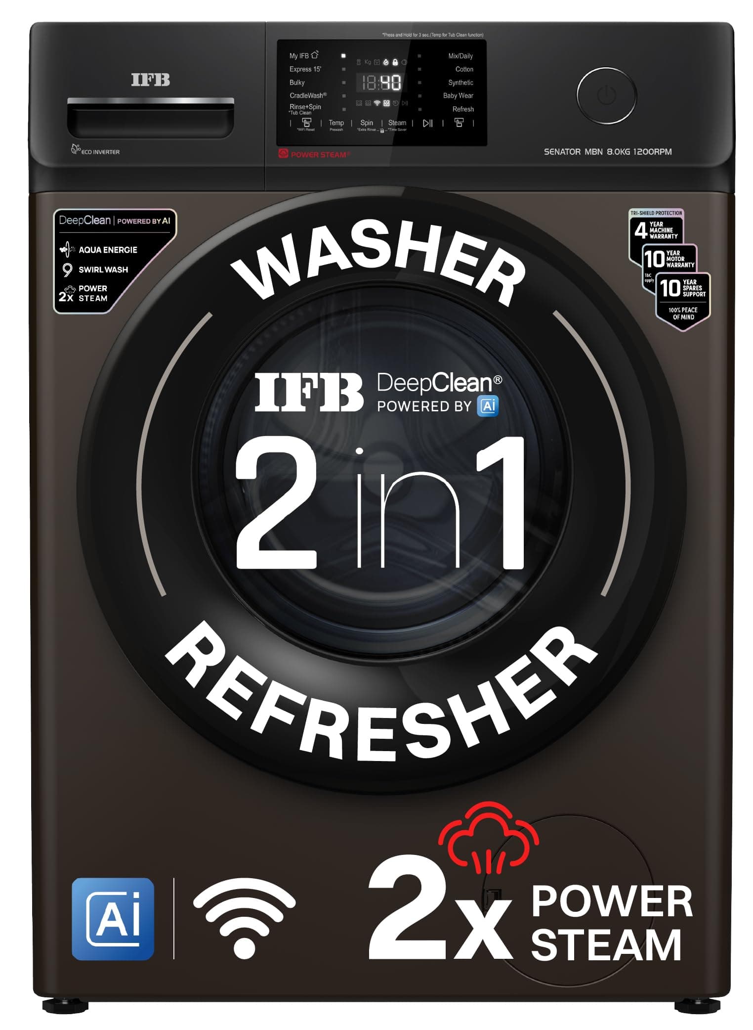 IFB 8 Kg 5 Star Powered by AI with 9 Swirl Wash, Wi-Fi, Fully Automatic Front Load Washing Machine (Senator MBN 8012, Steam Refresh Program with Eco I...