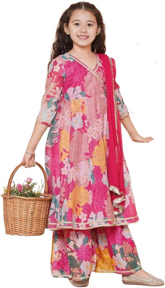 Naixa Girls Rayon Fabric Floral Printed 3/4 Sleeve Sharara Dress Set, Pink For All Ocation Like Wedding Function