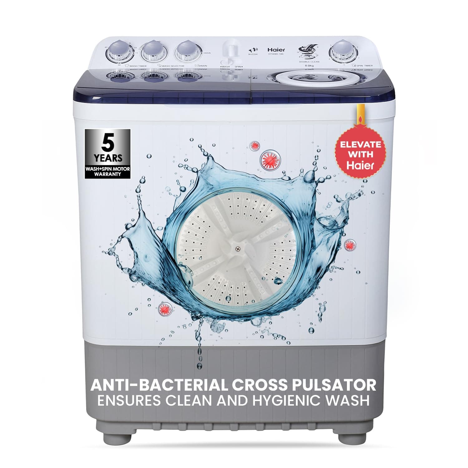 Haier 8 Kg 5 Star Rating Semi Automatic Top load Washing Machine Double Storm Pulsator, (HTW80-186, Multicolor)