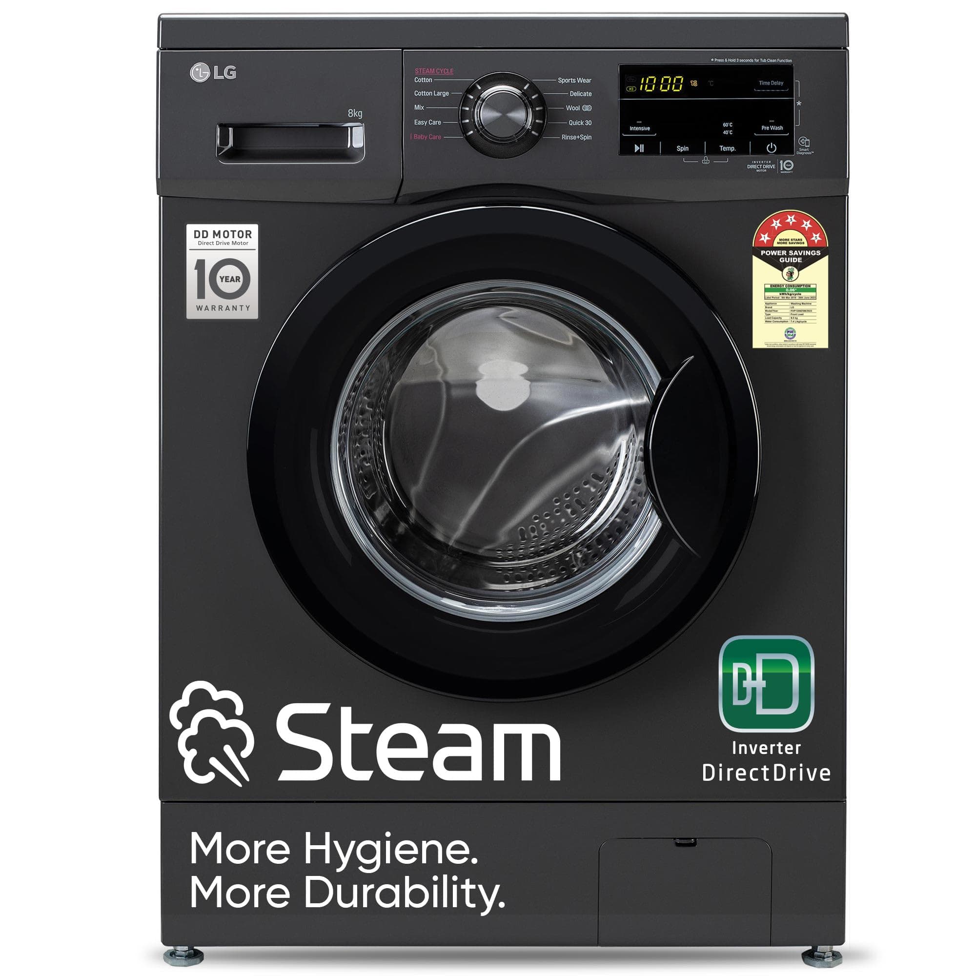 LG 8 Kg 5 Star Inverter Touch panel Fully-Automatic Front Load Washing Machine with In-Built Heater (FHM1408BDM, Middle Black, Steam for Hygiene Wash)