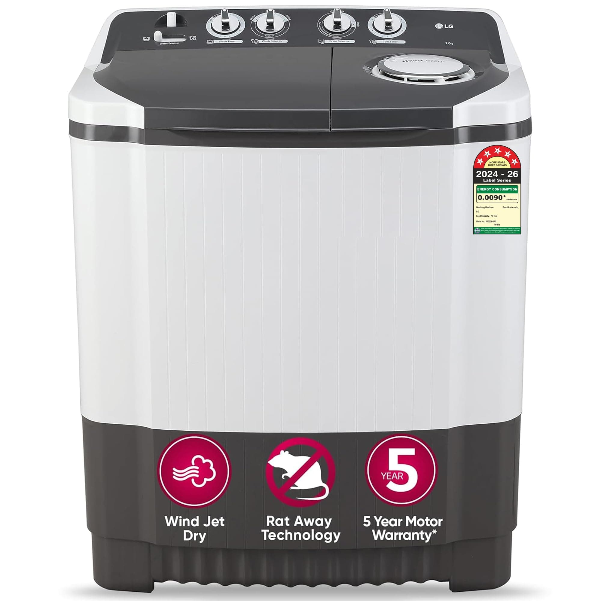 LG 7 Kg 5 Star Semi-Automatic Top Loading Washing Machine (P7020NGAZ, Dark Gray, Wind Jet Dry)