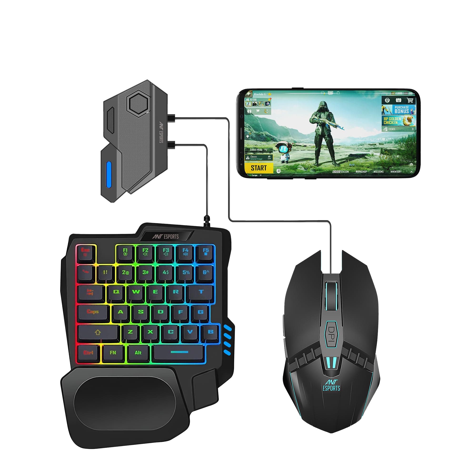 Ant Esports MG401, 4 in 1 Mobile Game Combo Pack with RGB Backlit 35 Keys Mini Gaming Keyboard and Mouse, Phone Holder, Adapter with Mobile Game Conve...