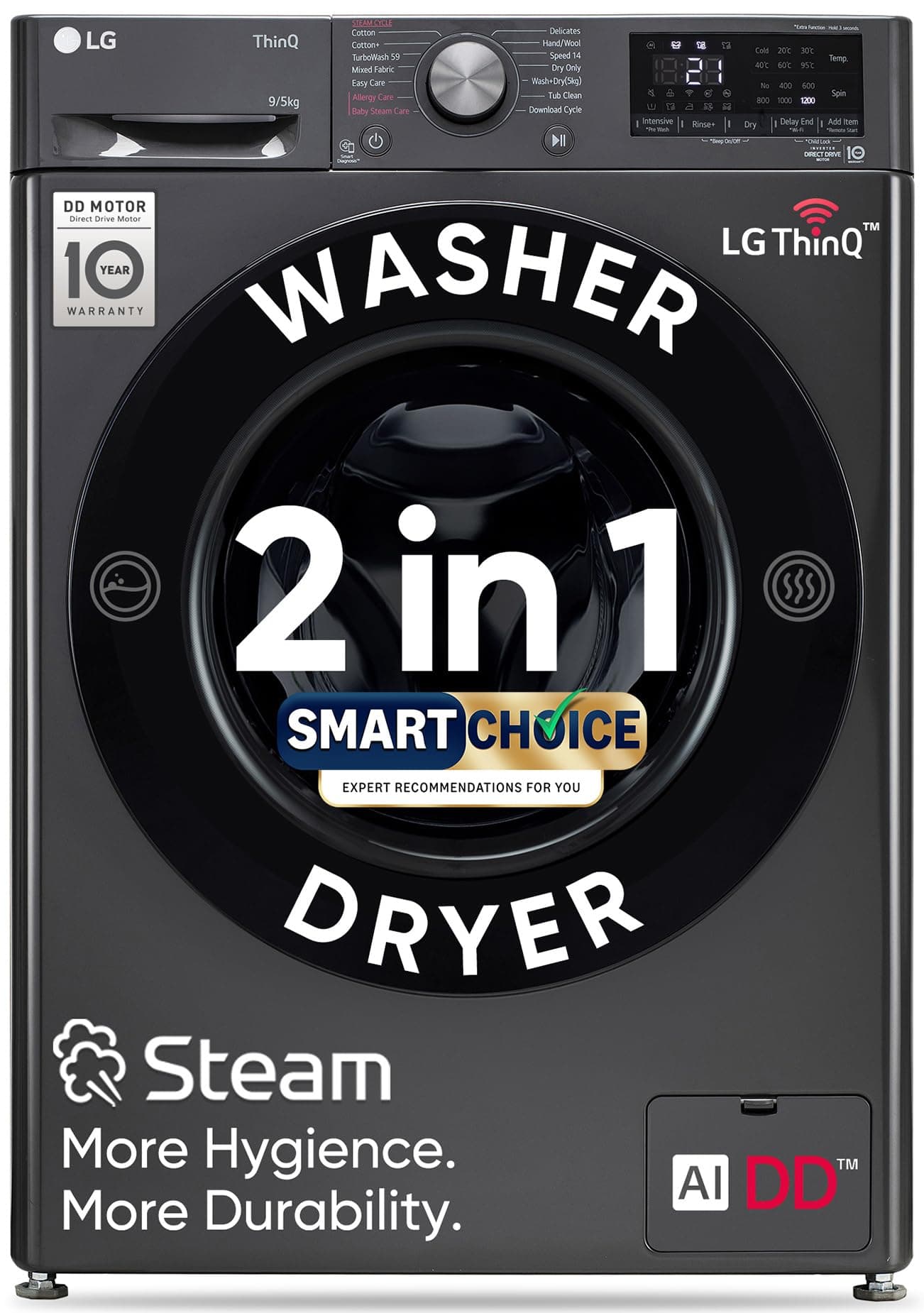 LG 9 Kg (Wash) / 5 Kg (Dry) AI Direct Drive with Wi-Fi Fully Automatic Front-Loading Washer Dryer (FHD0905SWM, With Steam remove allergen, Middle Black)
