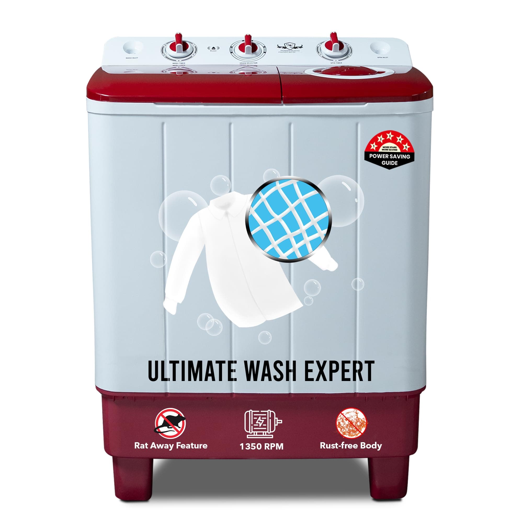 Power Guard 6.5 kg 5 Star Semi-Automatic Top Loading Washing Machine Appliance (PG65WM-BG-OP, Burgundy, Powerful Motor,Effective Wash Pulsator)