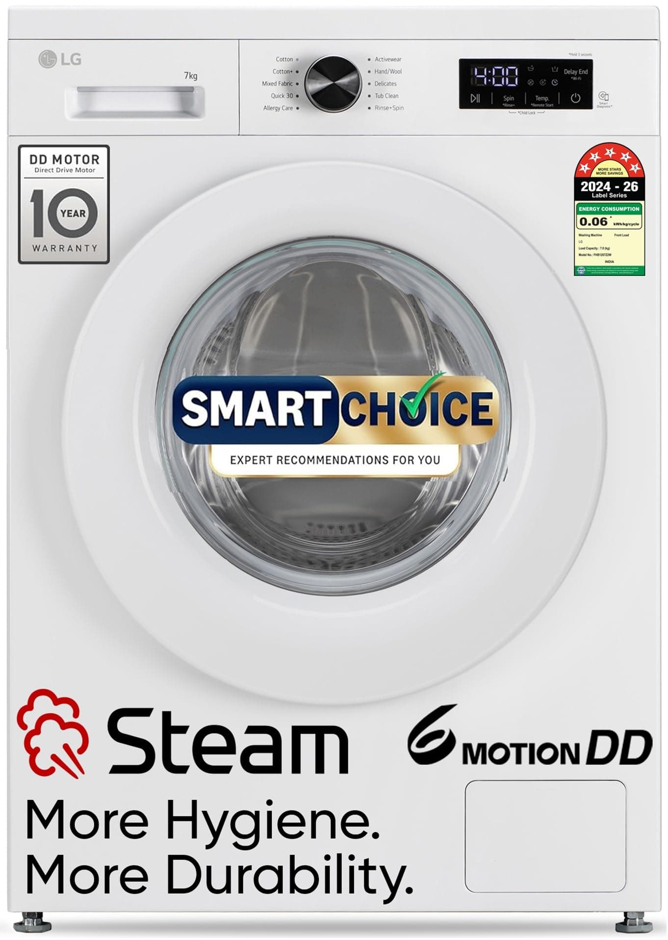 LG 7 Kg, 5 Star, Steam, Inverter Direct Drive Technology, 6 Motion DD, Fully-Automatic Front Load Washing Machine (FHB1207Z2W, Remove Allergens & Toug...